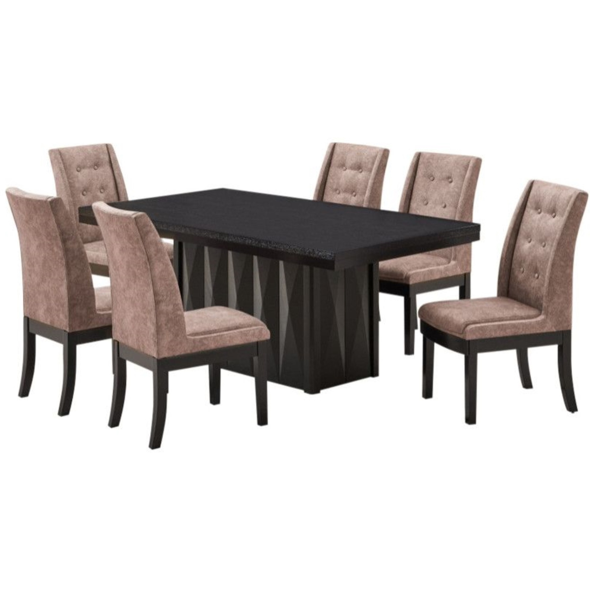 Riley 7 Piece Modern Pedestal Dining Set, Cappuccino Wood & Dark Brown Fabric (Table & 6 Upholstered Parsons Chairs)