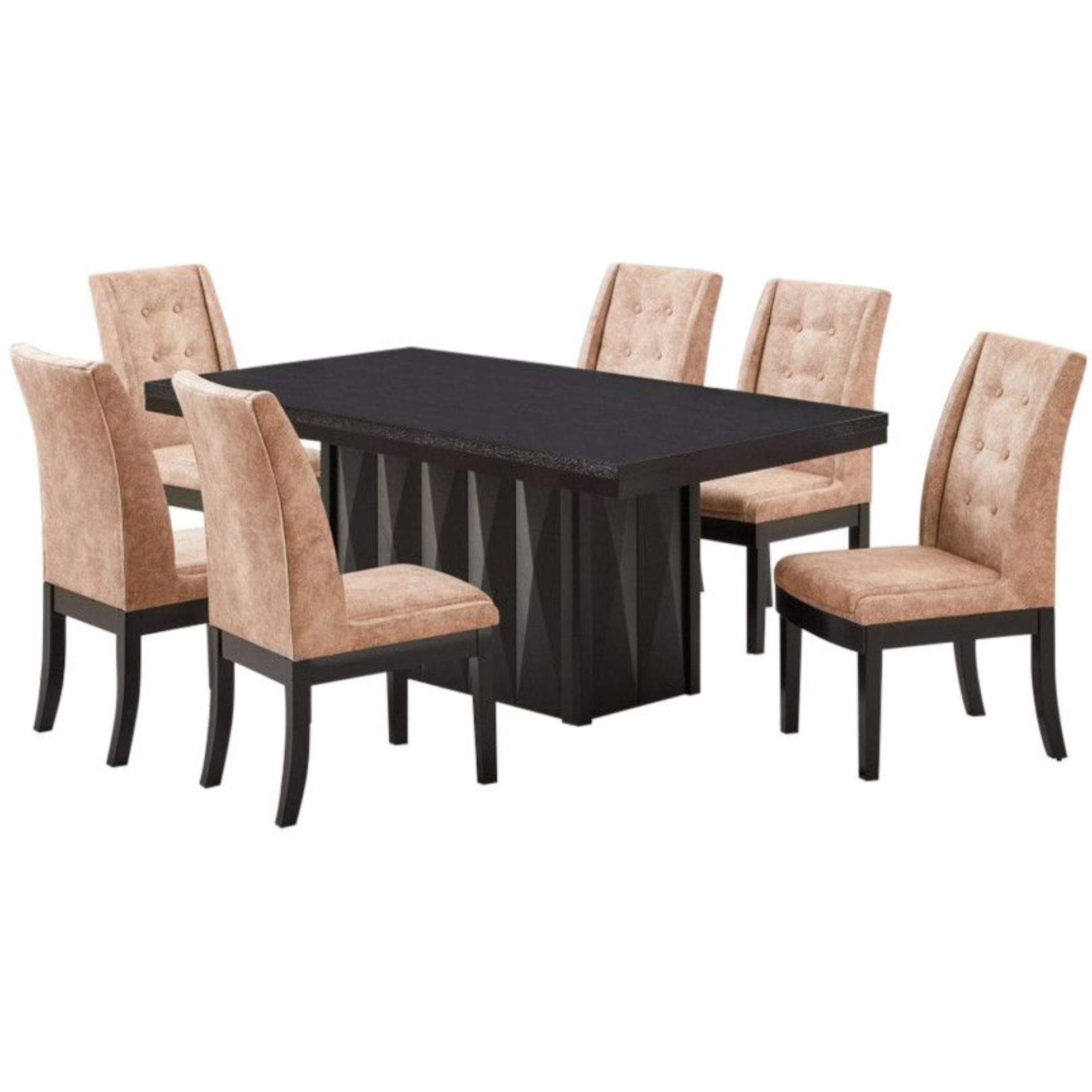 Riley 7 Piece Modern Pedestal Dining Set, Cappuccino Wood & Light Brown Fabric (Table & 6 Upholstered Parsons Chairs)