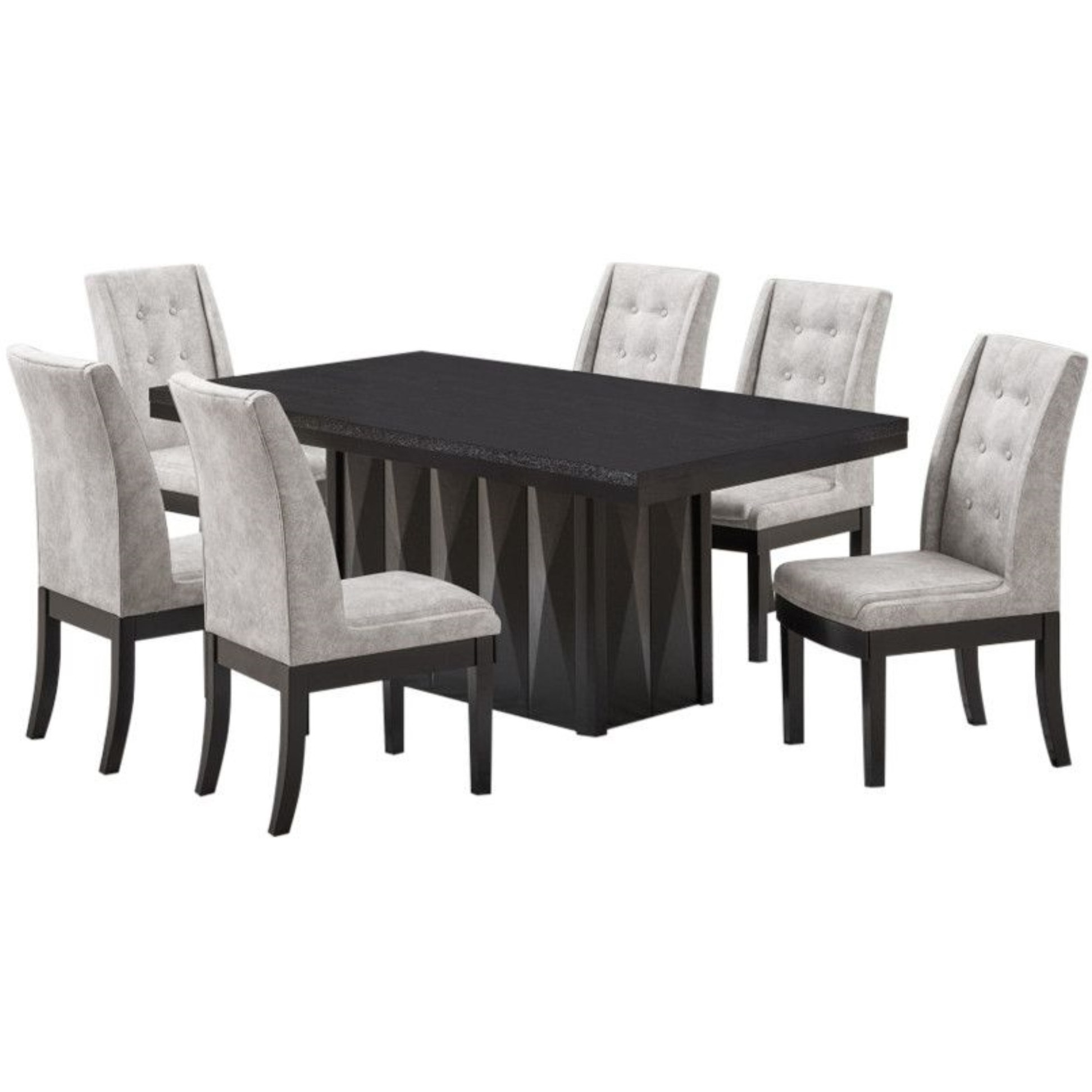 Riley 7 Piece Modern Pedestal Dining Set, Cappuccino Wood & Silver Fabric (Table & 6 Upholstered Parsons Chairs)