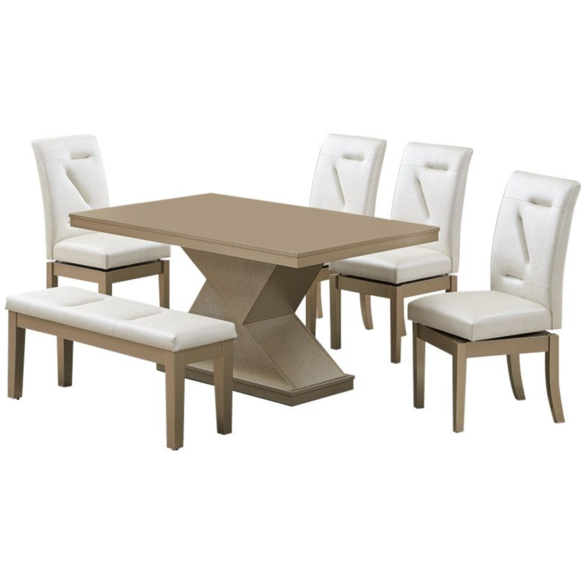 Legault 6 Piece Pedestal Dining Set, White Vinyl & Gold Wood (Table, 4 Chairs, Bench)