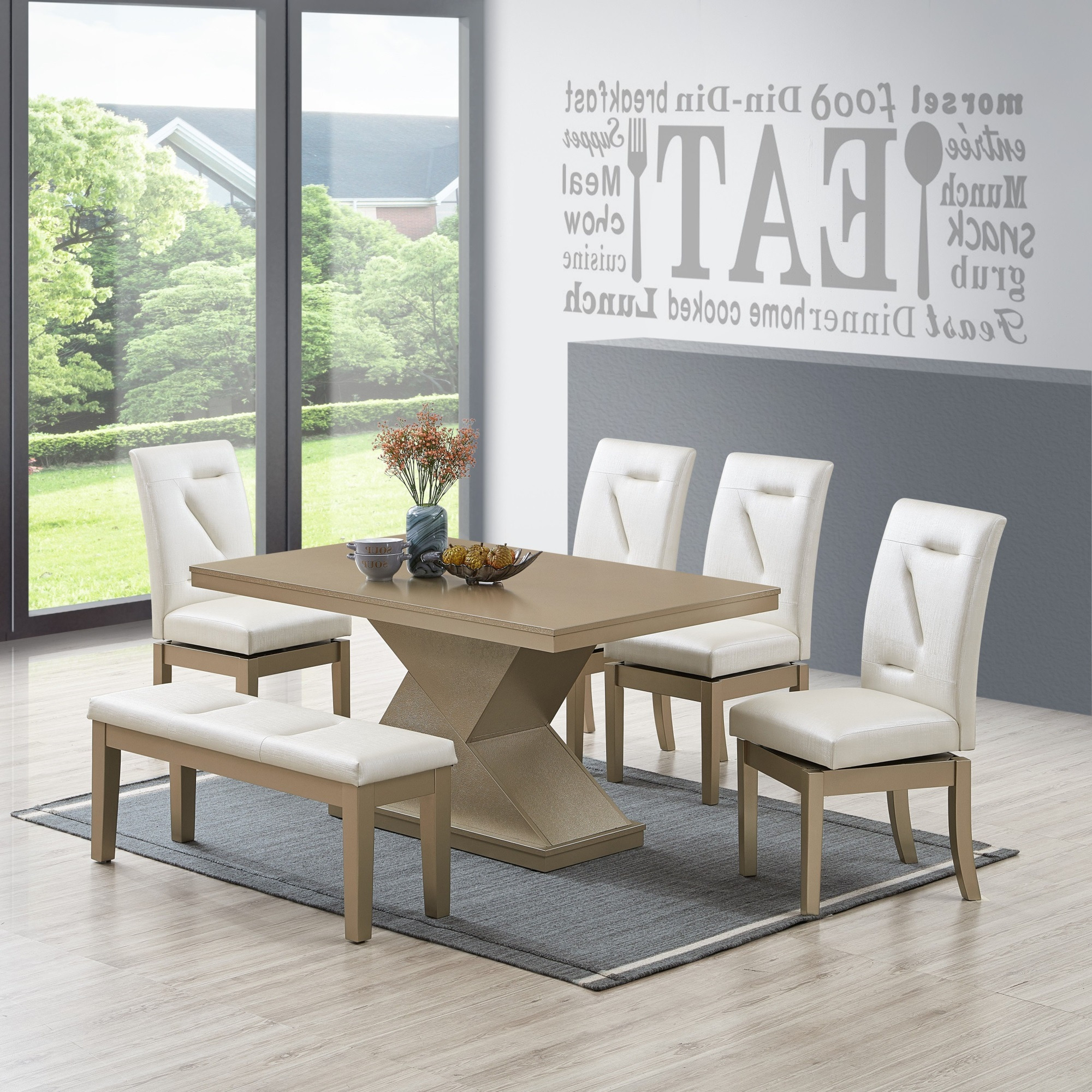 Legault 6 Piece Pedestal Dining Set, White Vinyl & Gold Wood (Table, 4 Chairs, Bench)