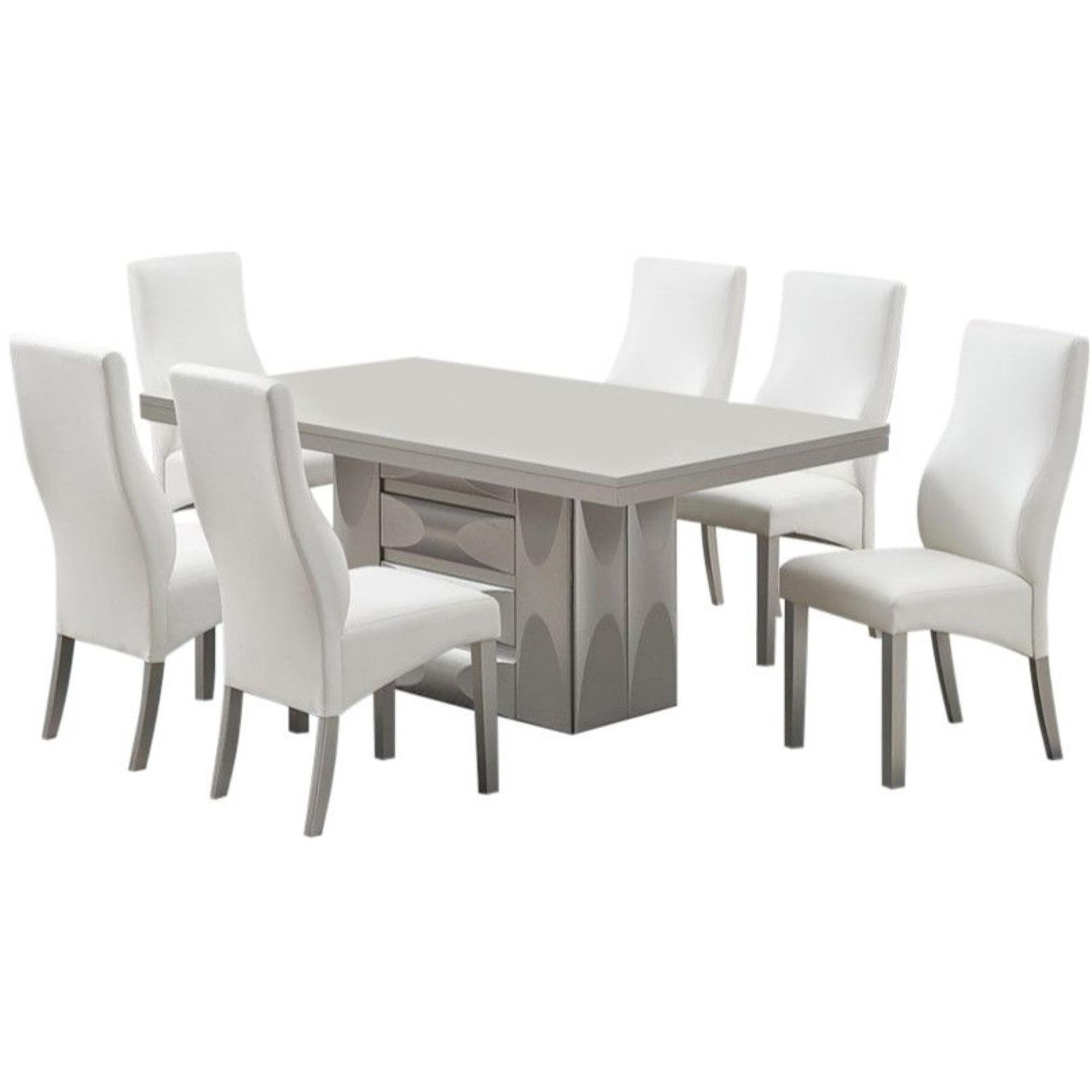 Astra 7 Piece Pedestal Dining Set, Champagne Wood & White Vinyl (Table, 6 Chairs)