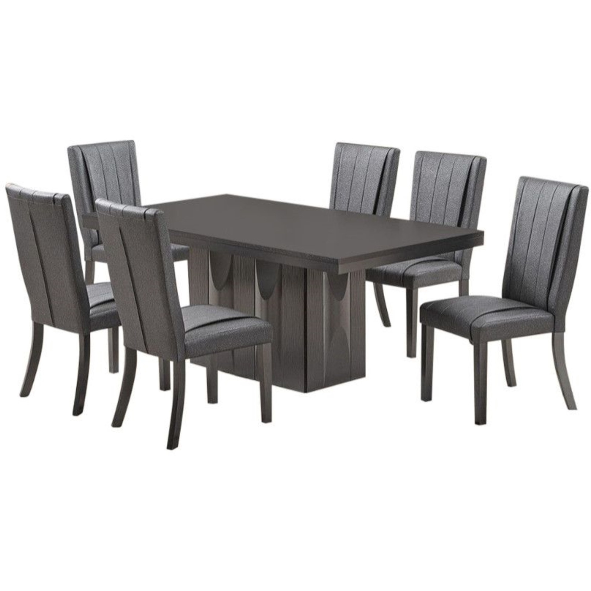 Voight 7 Piece Pedestal Dining Set, Gray Wood & Vinyl (Table, 6 Chairs)