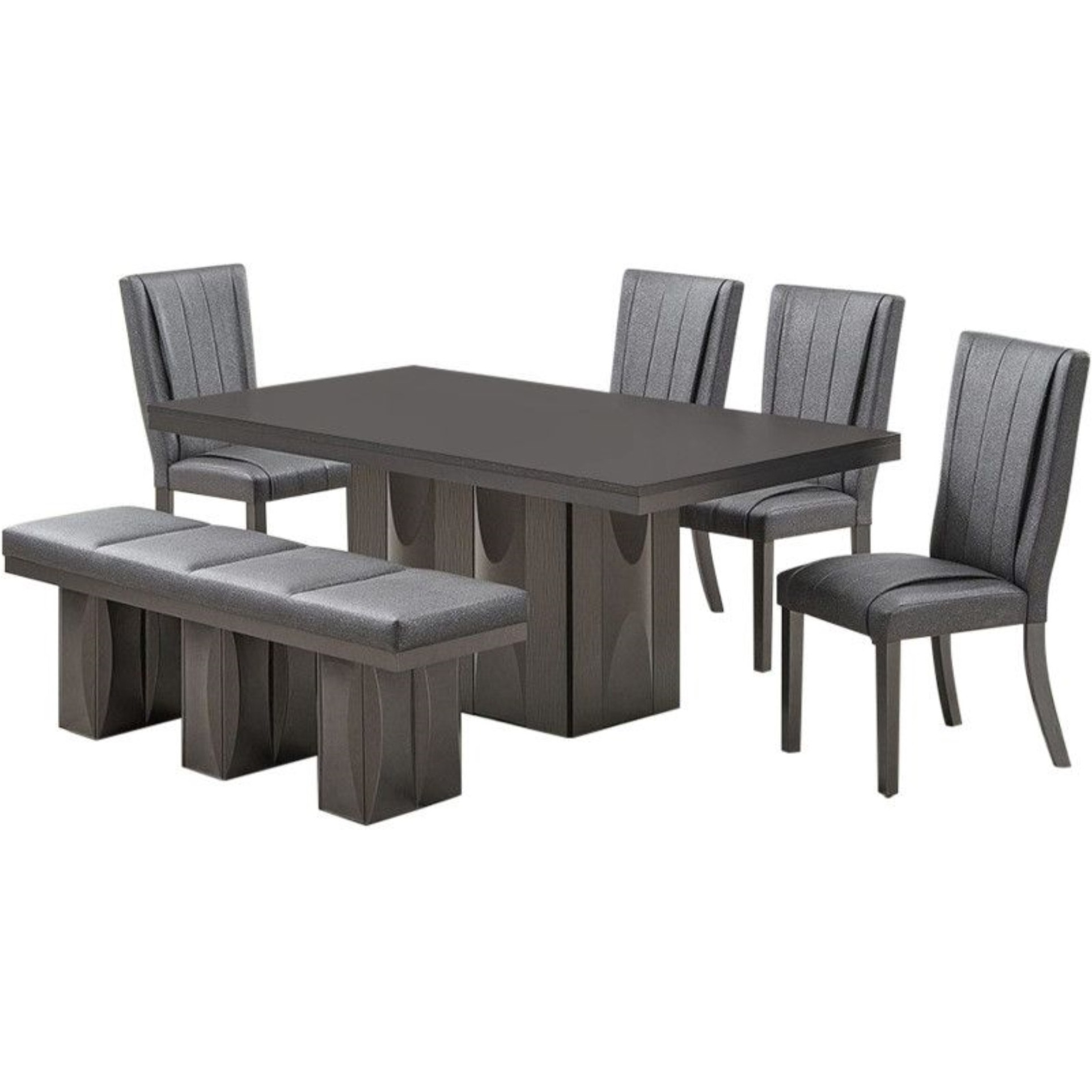 Voight 6 Piece Pedestal Dining Set, Gray Wood & Vinyl (Table, 4 Chairs, Bench)