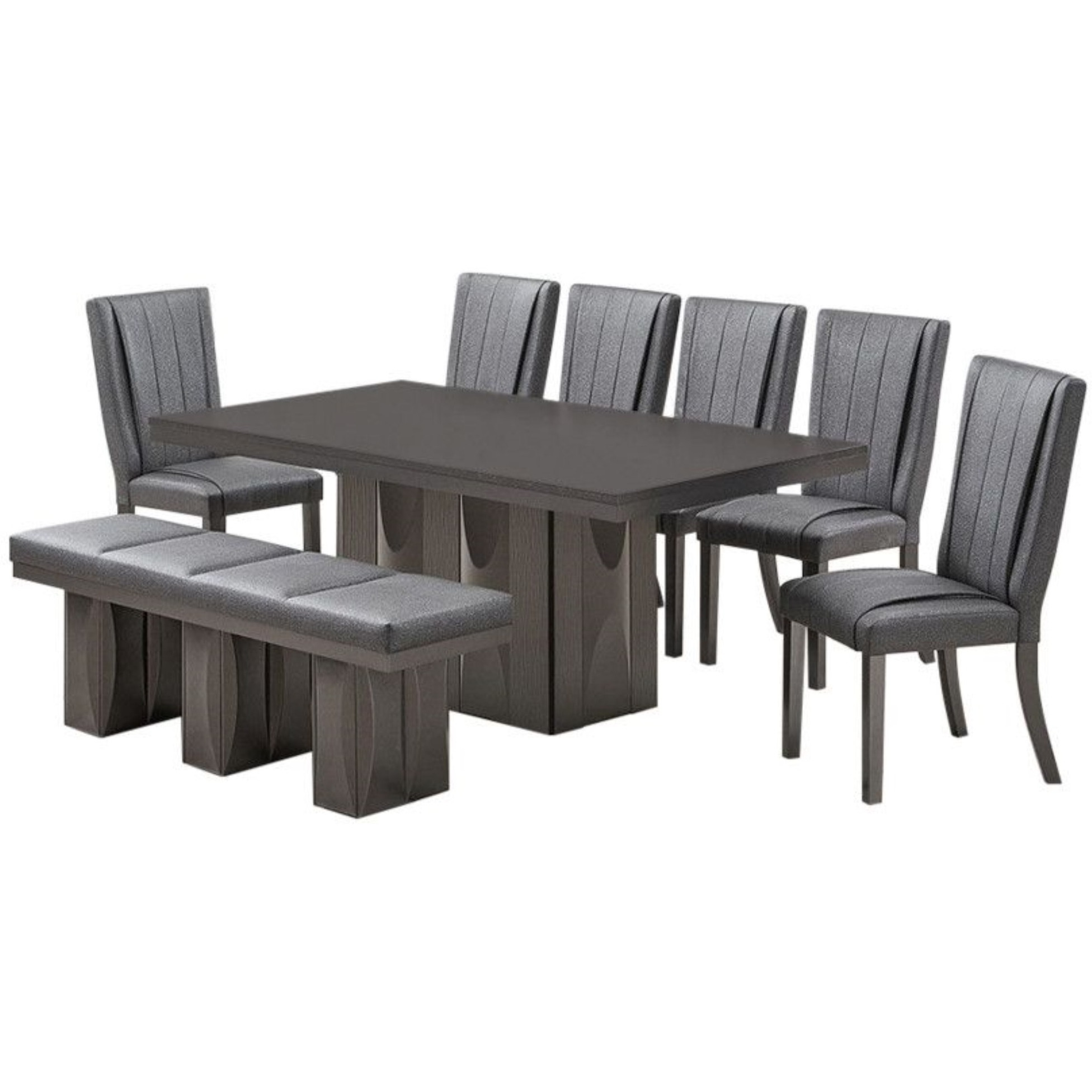 Voight 8 Piece Pedestal Dining Set, Gray Wood & Vinyl (Table, 6 Chairs, Bench)