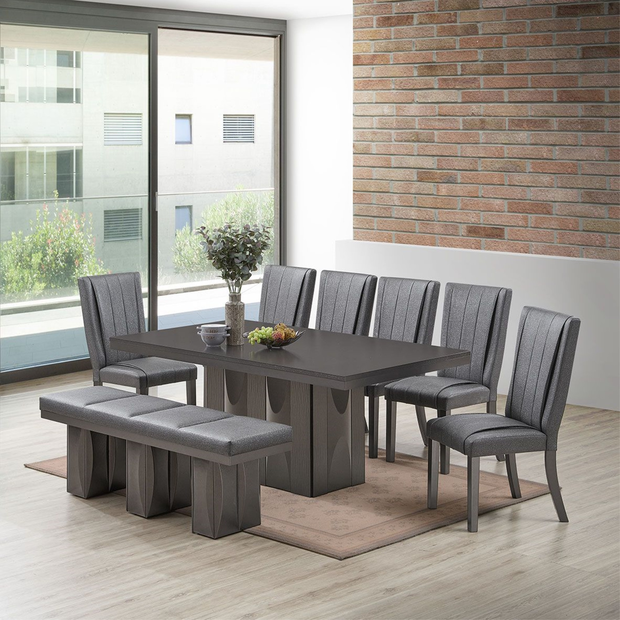 Voight 8 Piece Pedestal Dining Set, Gray Wood & Vinyl (Table, 6 Chairs, Bench)