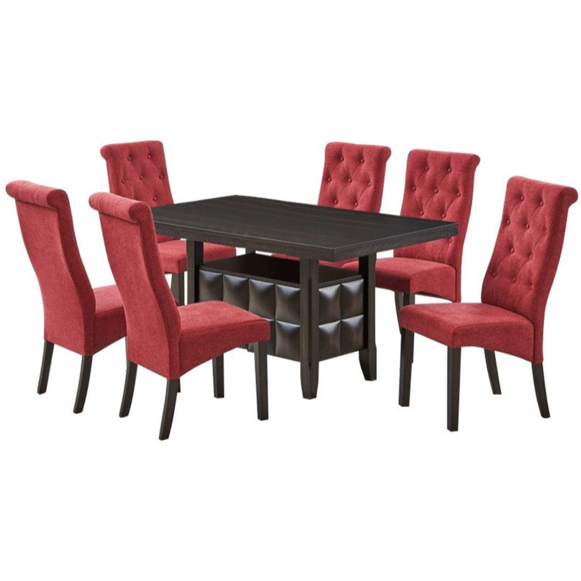 Huxley 7 Piece Contemporary Dining Set, Black Wood & Red Fabric (Table, 6 Chairs)