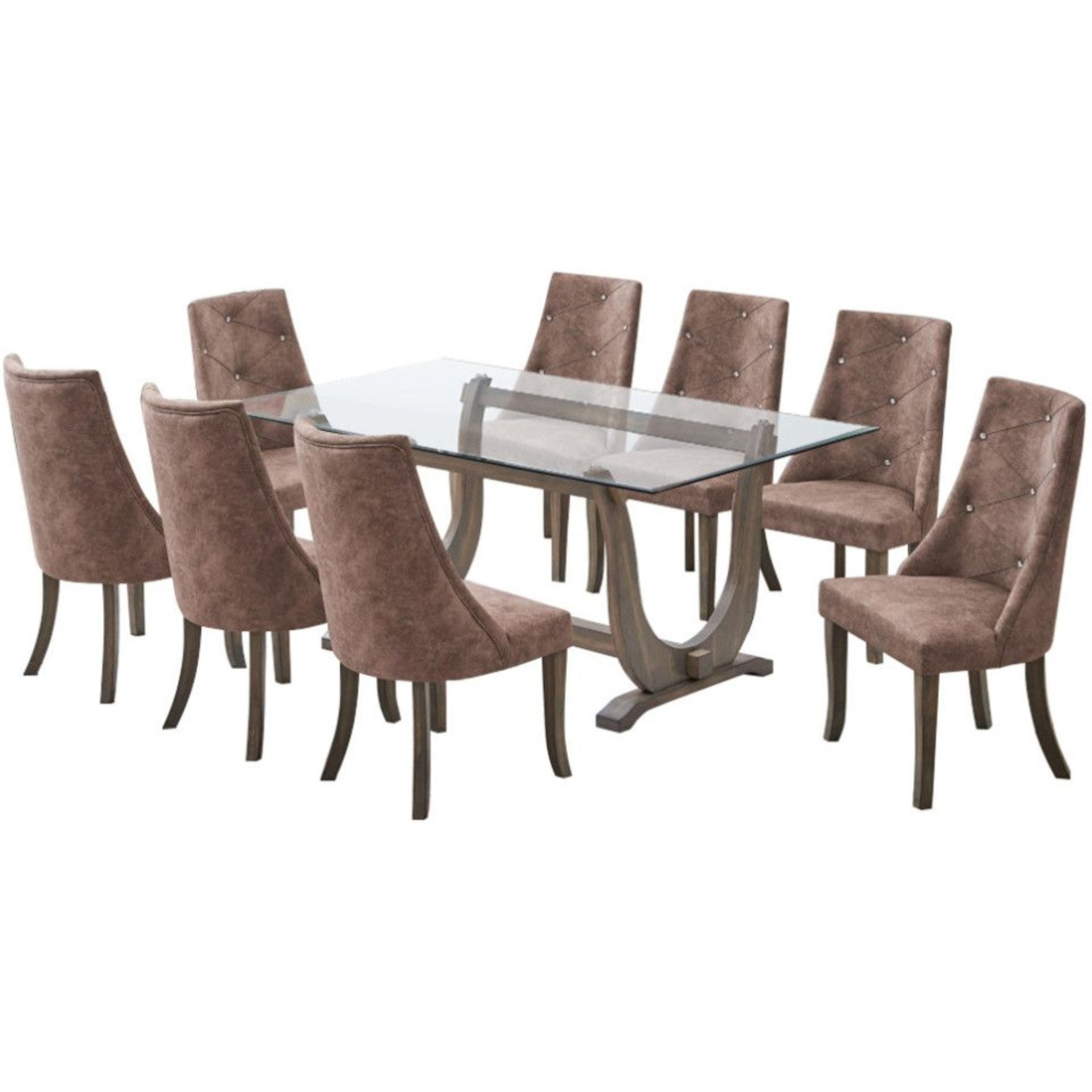 Benoit 9 Piece Glasstop Dining Set, Dark Brown Fabric & Gray Wood (Trestle Table & 8 High-Back Tufted Chairs)
