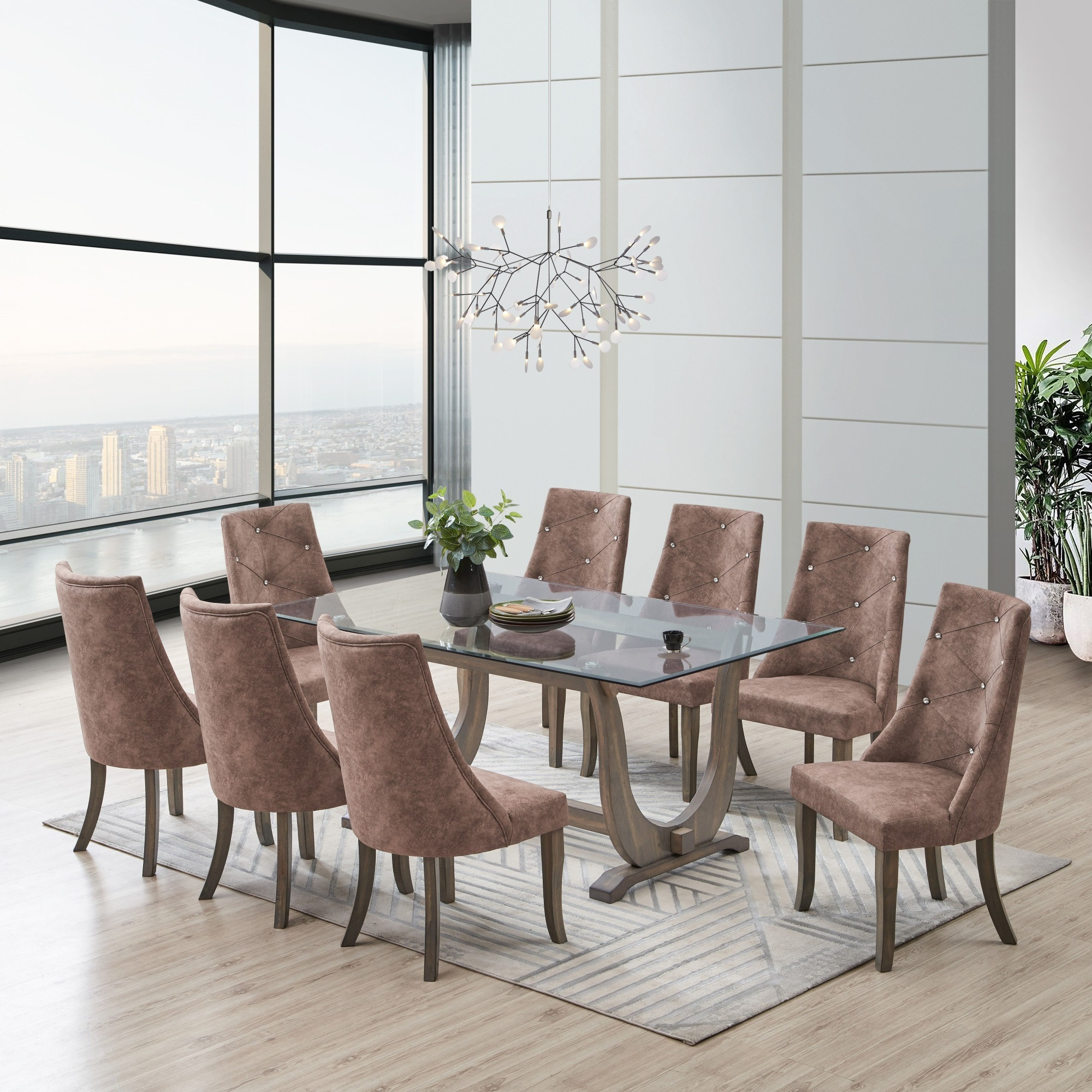 Benoit 9 Piece Glasstop Dining Set, Dark Brown Fabric & Gray Wood (Trestle Table & 8 High-Back Tufted Chairs)