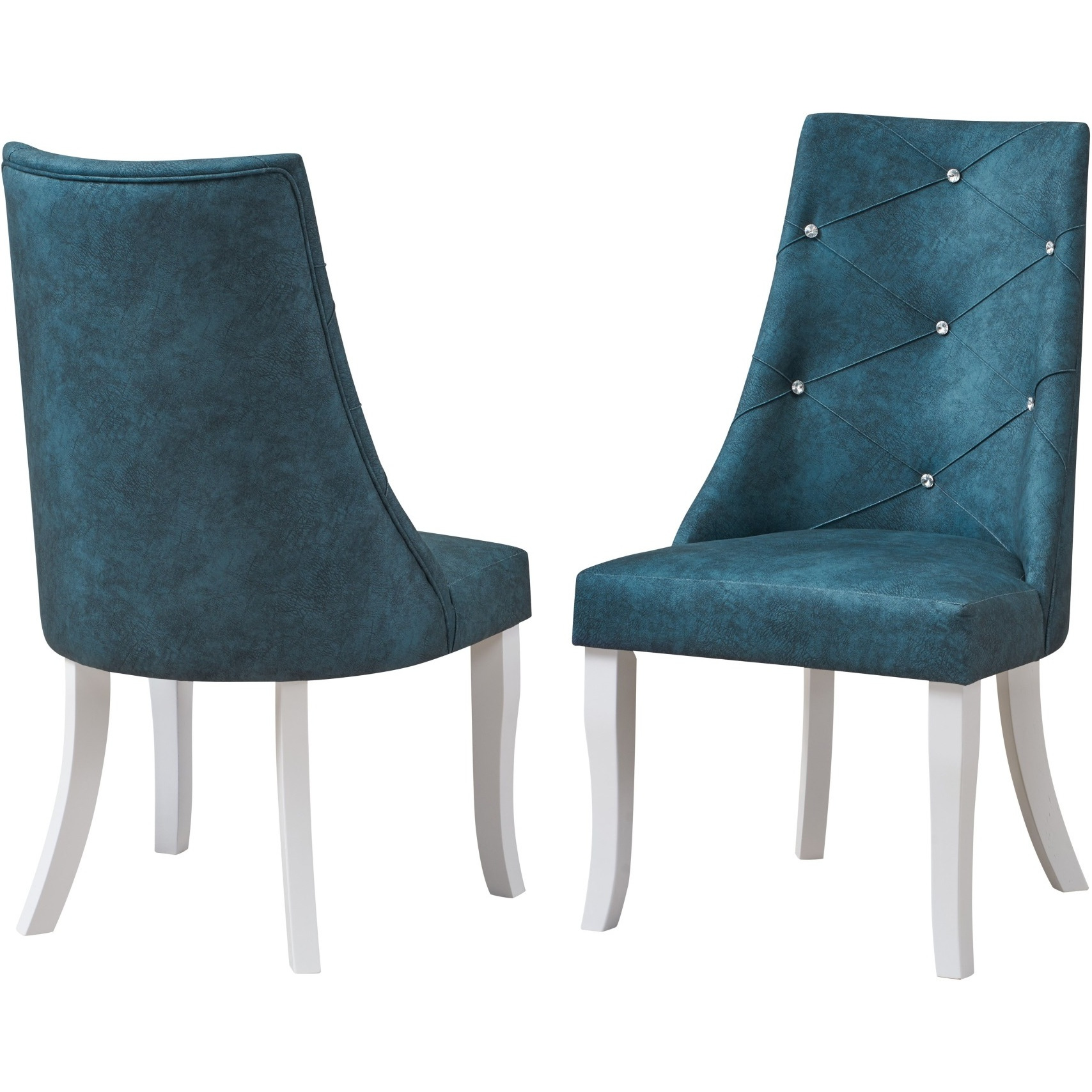 Benoit Crystal Tufted Upholstered Dining Side Chairs, Blue Fabric & White Wood (Set of 2)