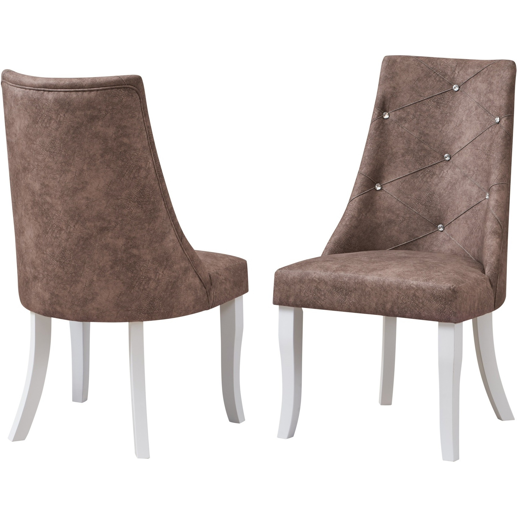 Benoit Crystal Tufted Upholstered Dining Side Chairs, Dark Brown Fabric & White Wood (Set of 2)