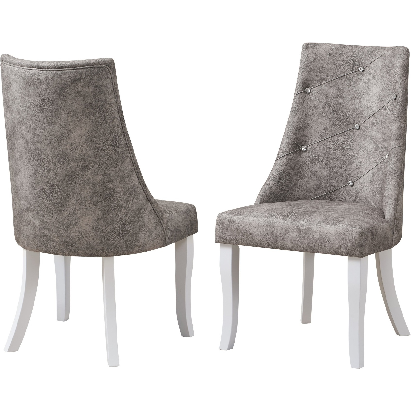Benoit Crystal Tufted Upholstered Dining Side Chairs, Gray Fabric & White Wood (Set of 2)