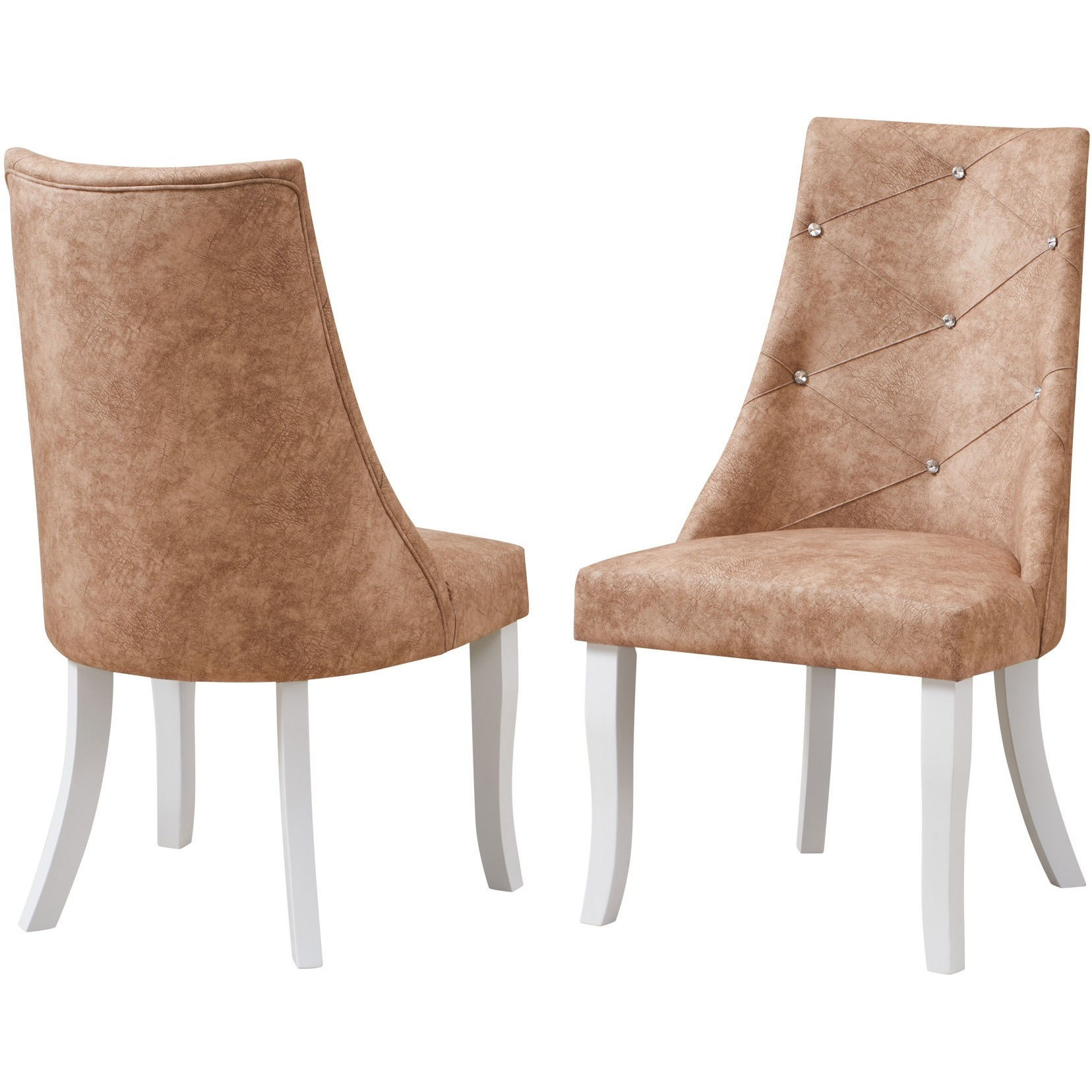 Benoit Crystal Tufted Upholstered Dining Side Chairs, Light Brown Fabric & White Wood (Set of 2)