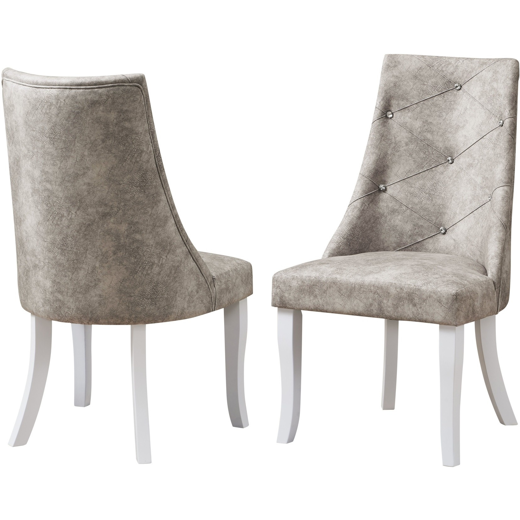 Benoit Crystal Tufted Upholstered Dining Side Chairs, Silver Fabric & White Wood (Set of 2)