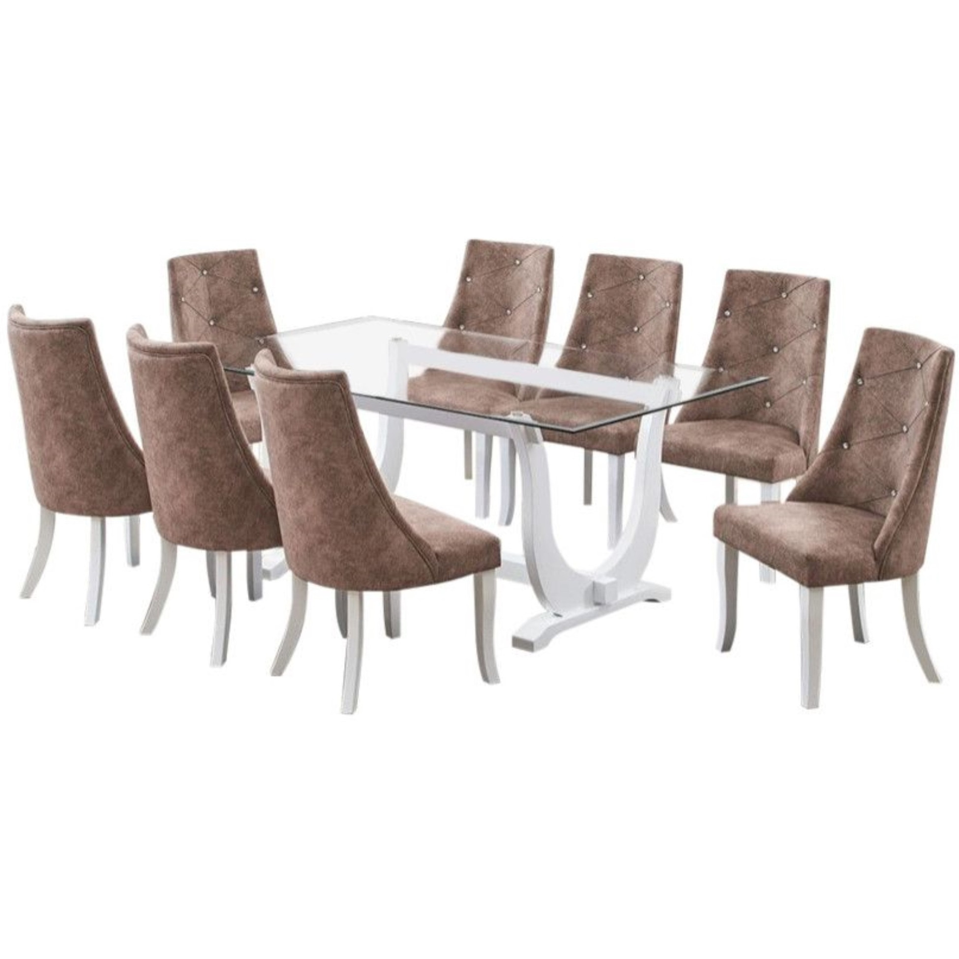 Benoit 9 Piece Glasstop Dining Set, Dark Brown Fabric & White Wood (Trestle Table & 8 High-Back Tufted Chairs)
