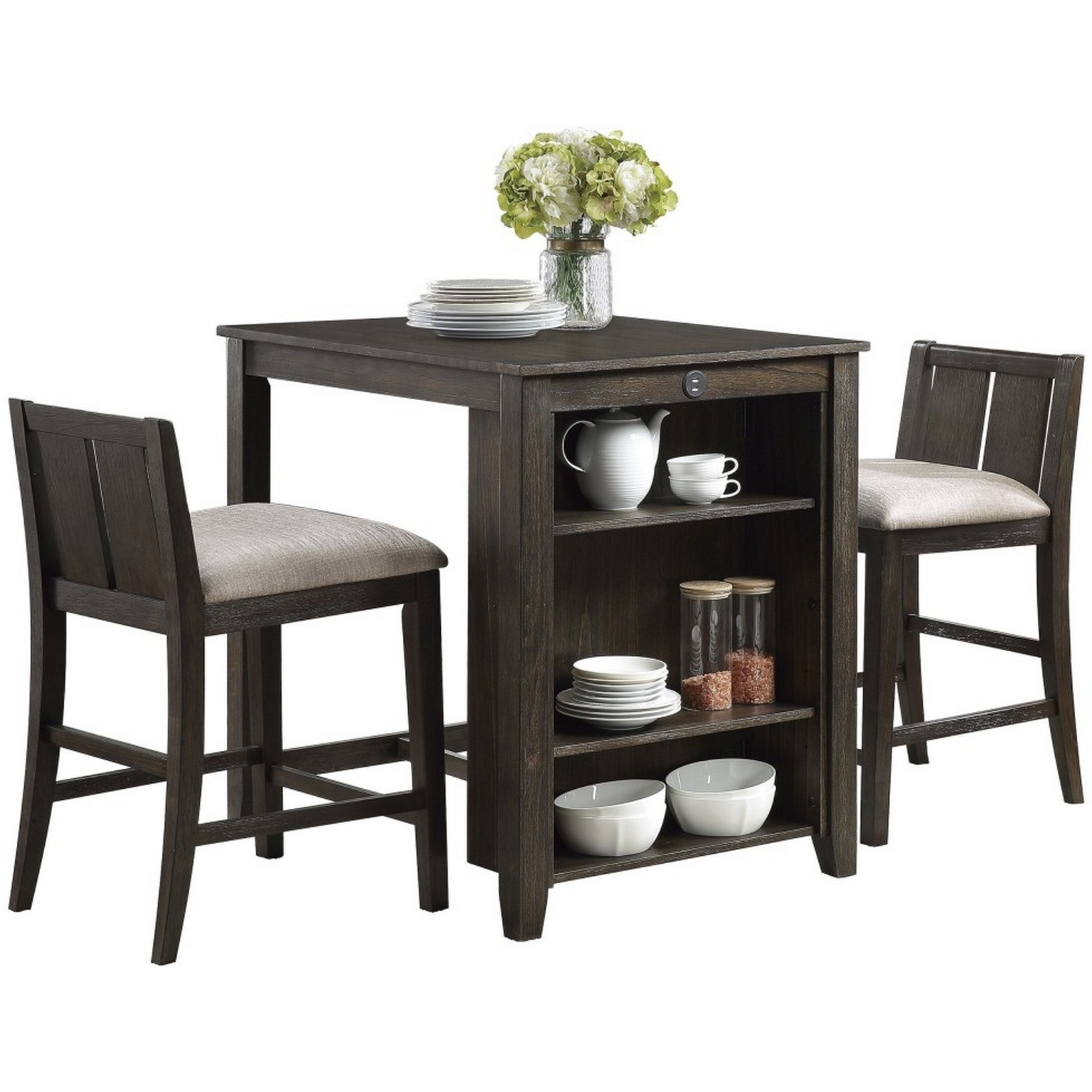 Wooden 3 Piece Counter Set with USB Plugin and Panel Back Chair, Brown
