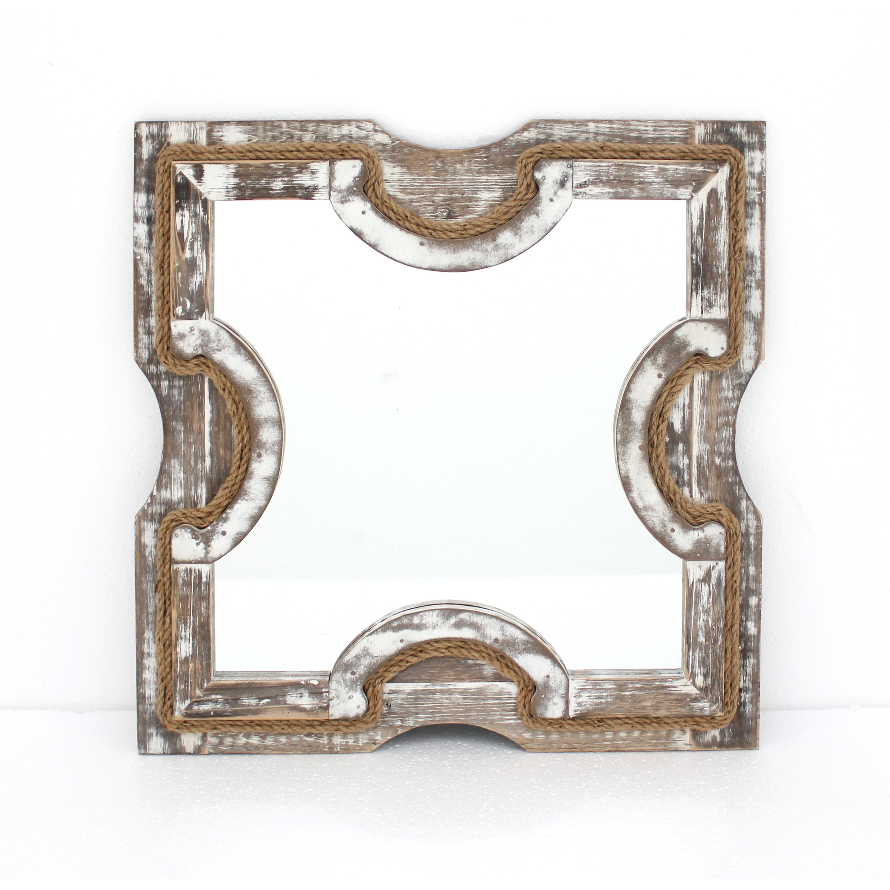 Rustic White-washed Wooden Mirror Wall Decor