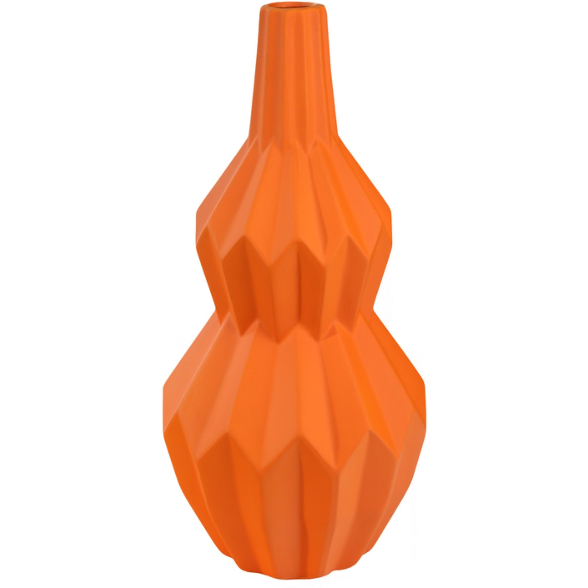 Ceramic Bellied Round Vase with Narrow Lip, Long Neck, Patterned Design Body and Tapered Bottom SM Matte Finish Orange