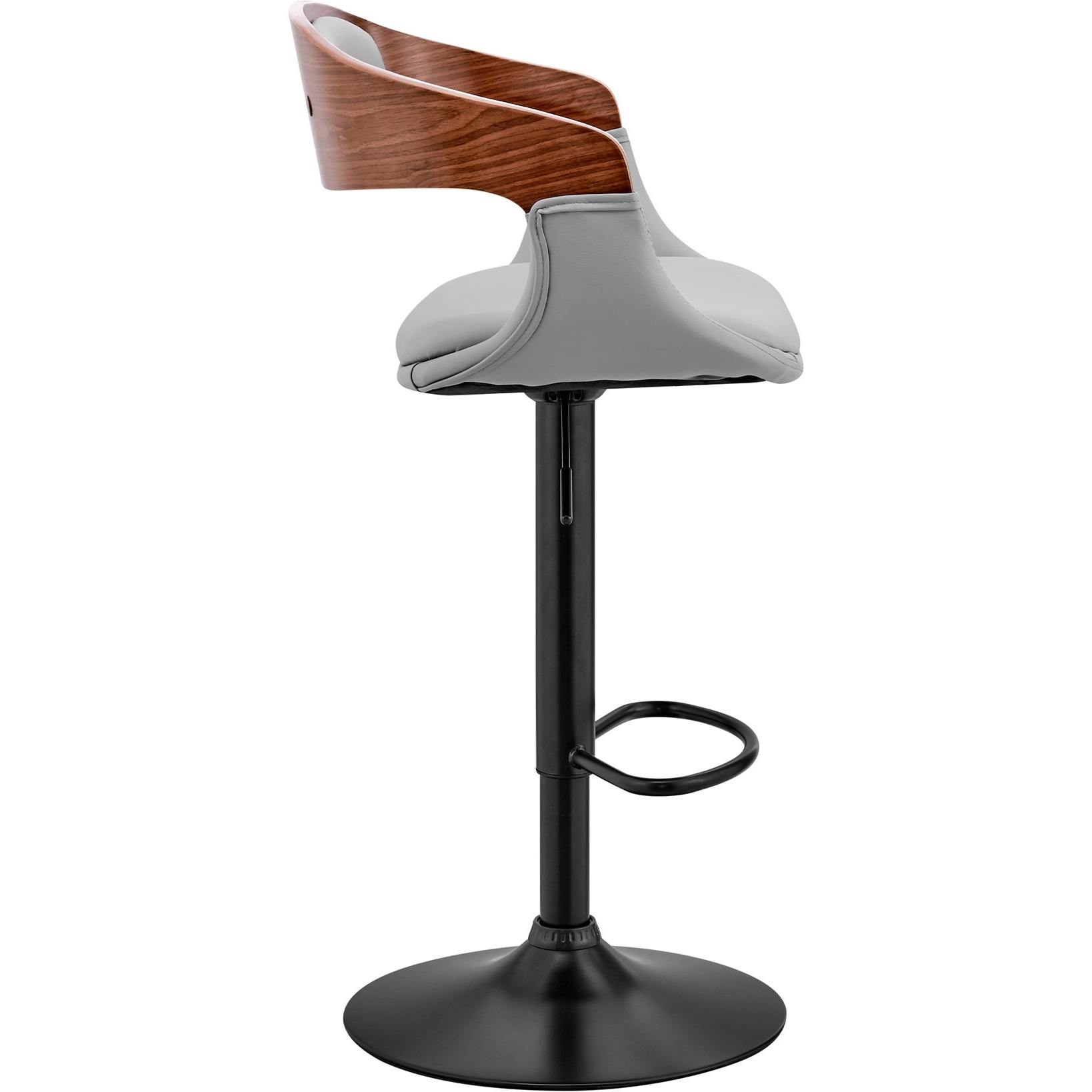 Benson Adjustable Gray Faux Leather and Walnut Wood Bar Stool with Black Base