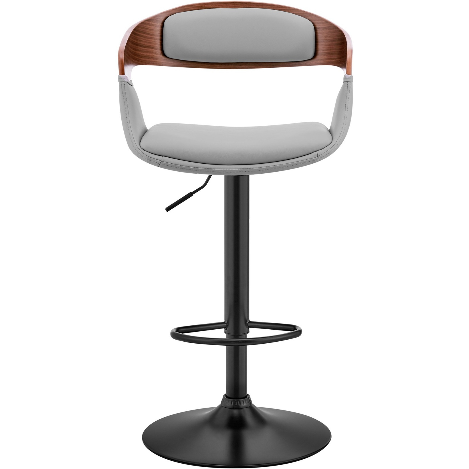 Benson Adjustable Gray Faux Leather and Walnut Wood Bar Stool with Black Base