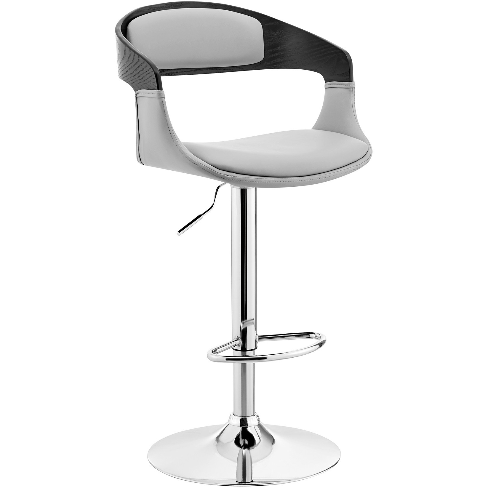 Benson Adjustable Gray Faux Leather and Black Wood Bar Stool with Chrome Base