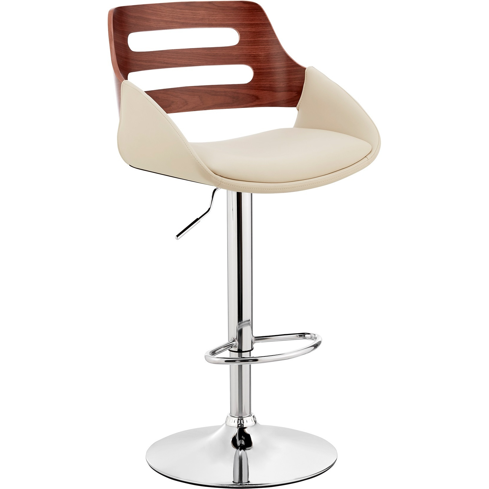 Karter Adjustable Cream Faux Leather and Walnut Wood Bar Stool with Chrome Base