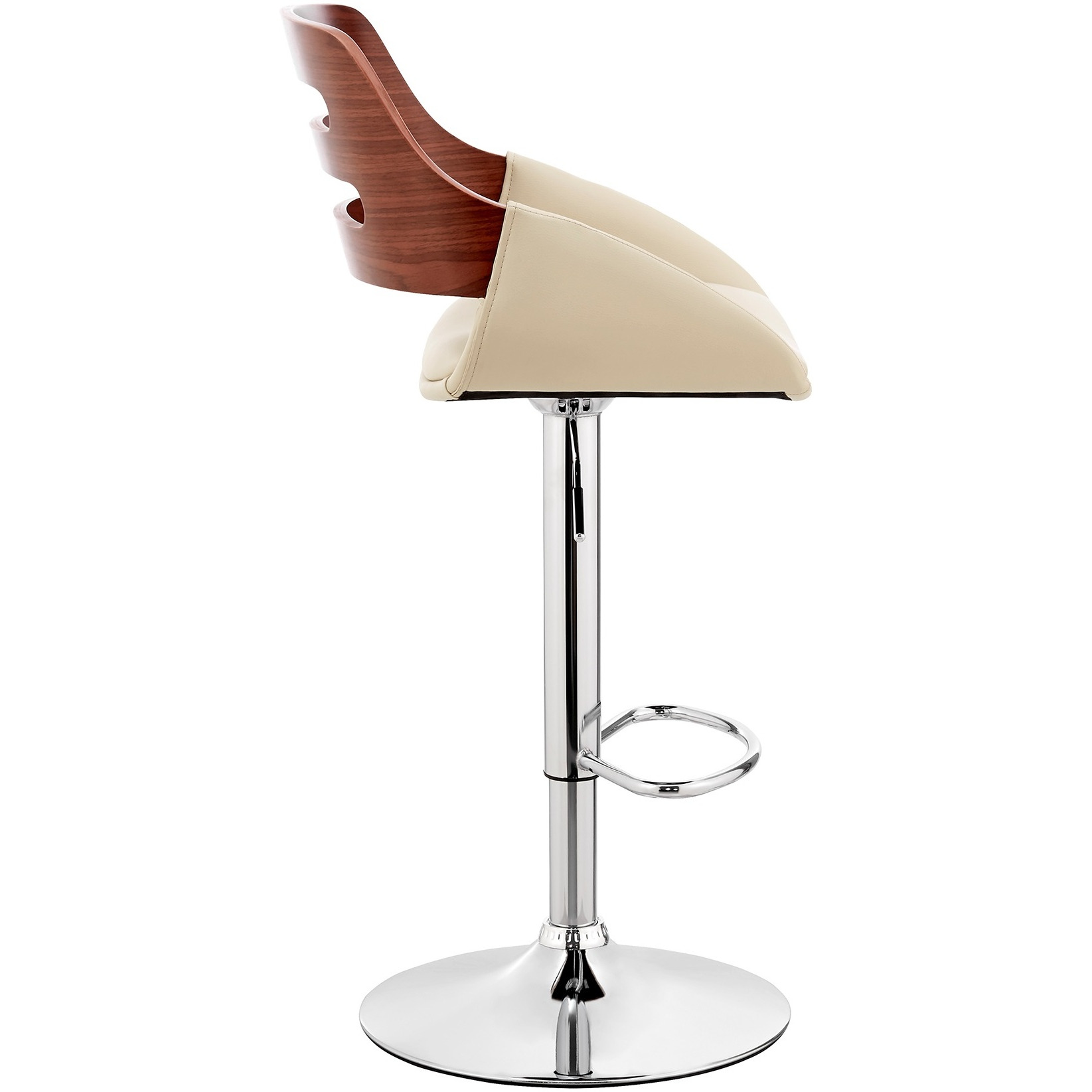 Karter Adjustable Cream Faux Leather and Walnut Wood Bar Stool with Chrome Base