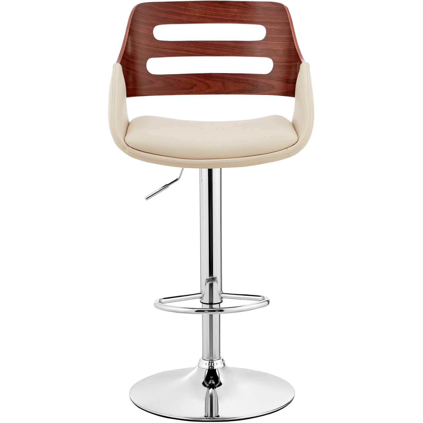 Karter Adjustable Cream Faux Leather and Walnut Wood Bar Stool with Chrome Base
