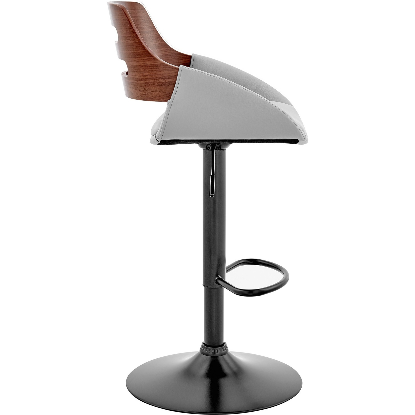 Karter Adjustable Gray Faux Leather and Walnut Wood Bar Stool with Black Base
