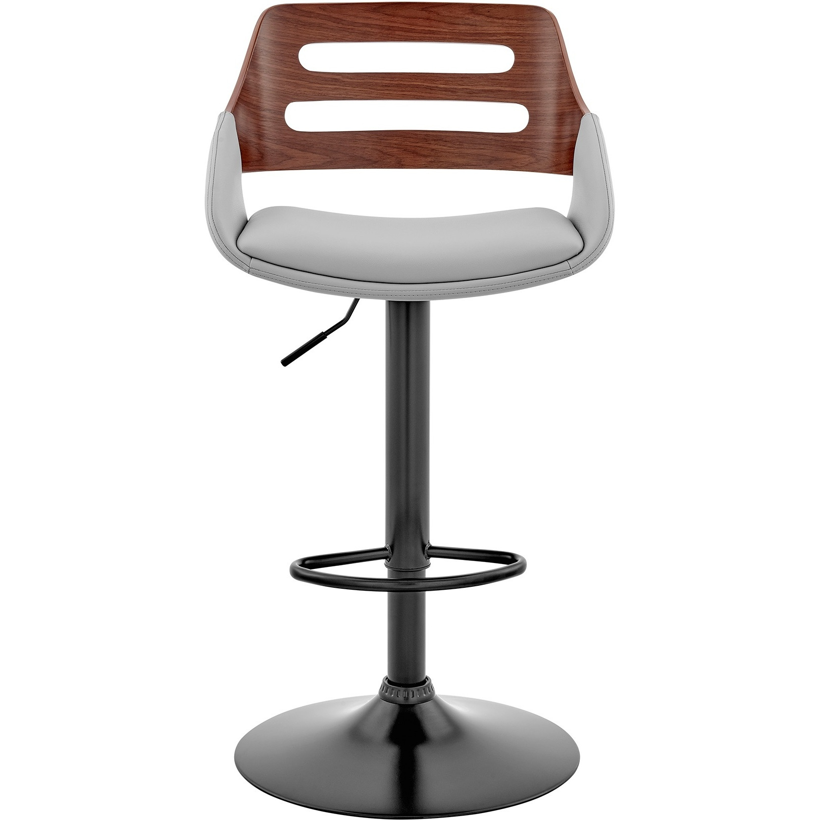 Karter Adjustable Gray Faux Leather and Walnut Wood Bar Stool with Black Base