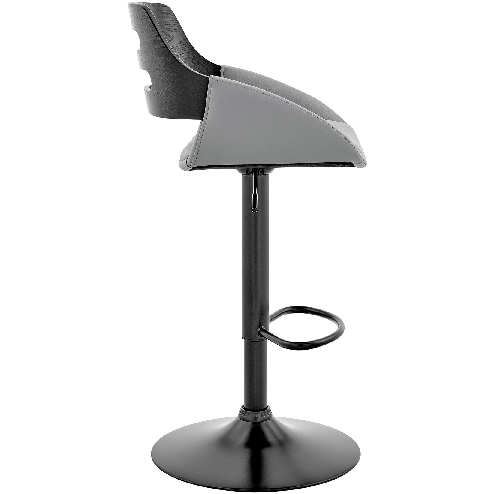 Karter Adjustable Gray Faux Leather and Black Wood Bar Stool with Black Base