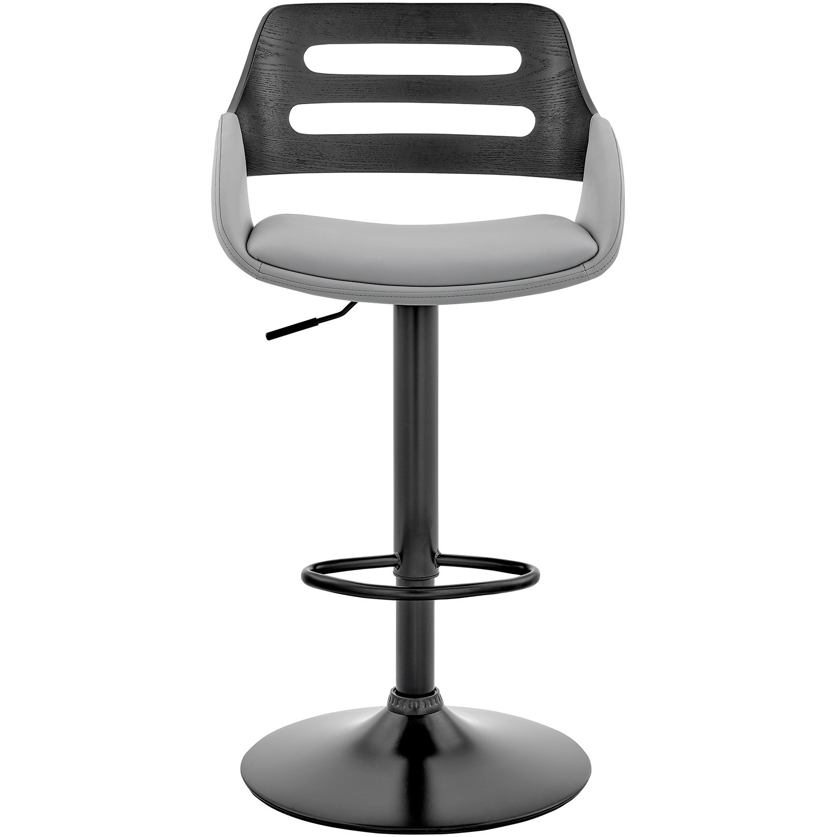 Karter Adjustable Gray Faux Leather and Black Wood Bar Stool with Black Base