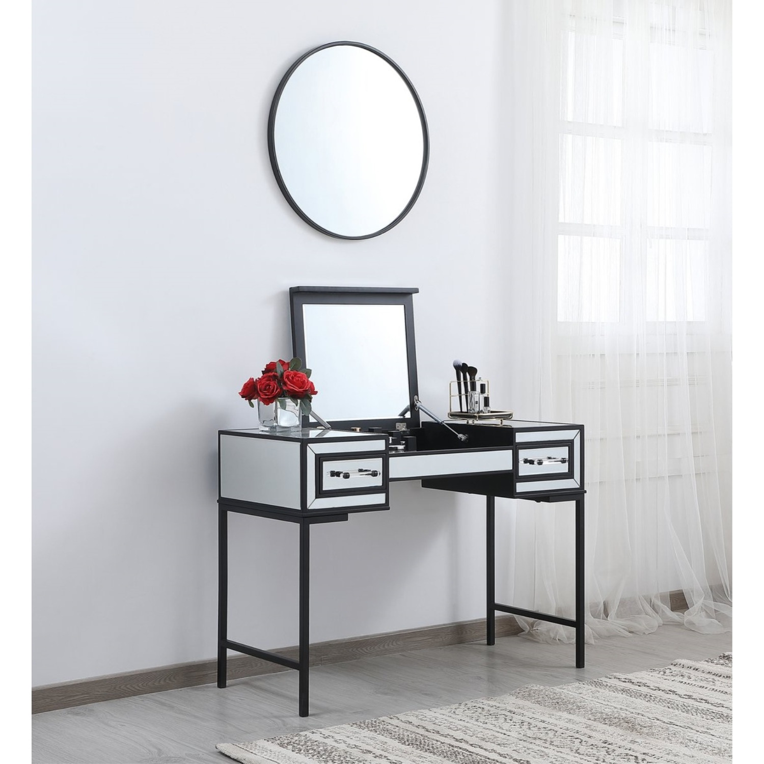 42 inch mirrored flip top vanity table in black