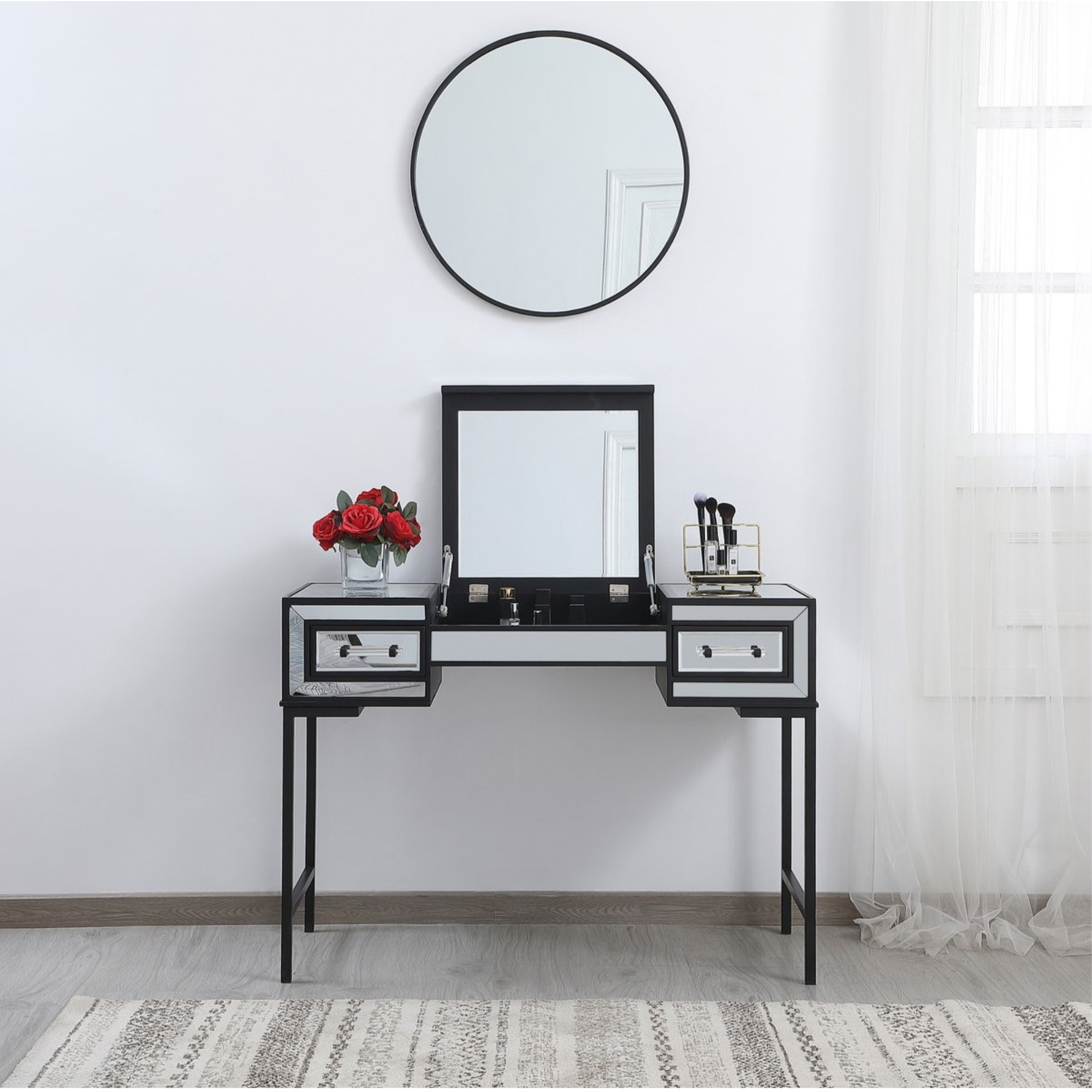 42 inch mirrored flip top vanity table in black