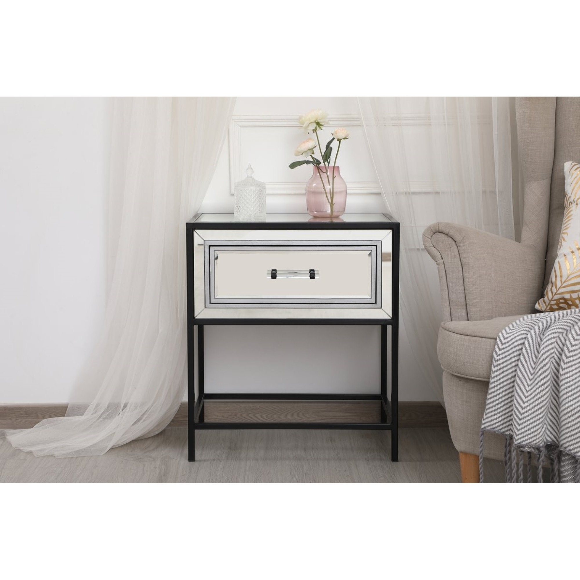 21 inch mirrored one drawer end table in black