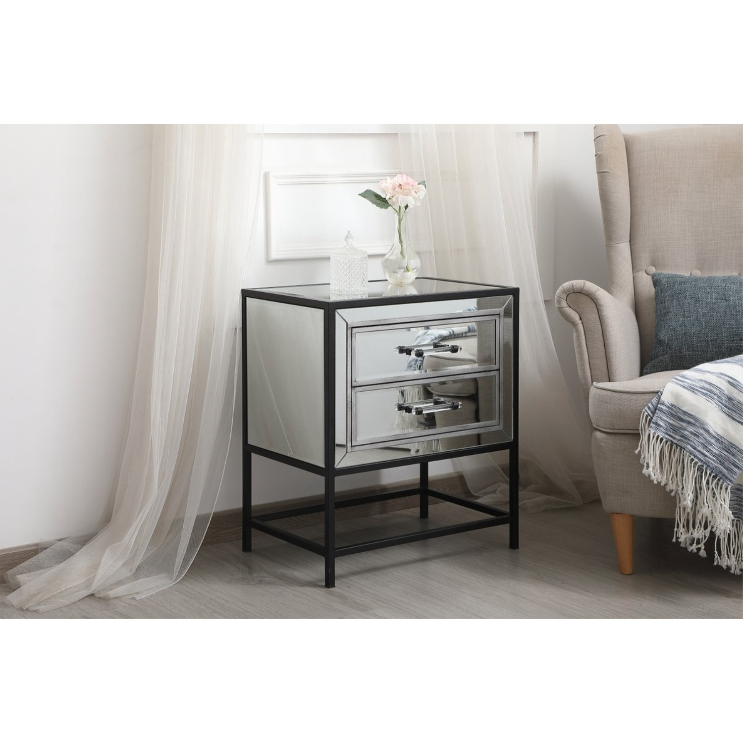 21 inch mirrored two drawers end table in black