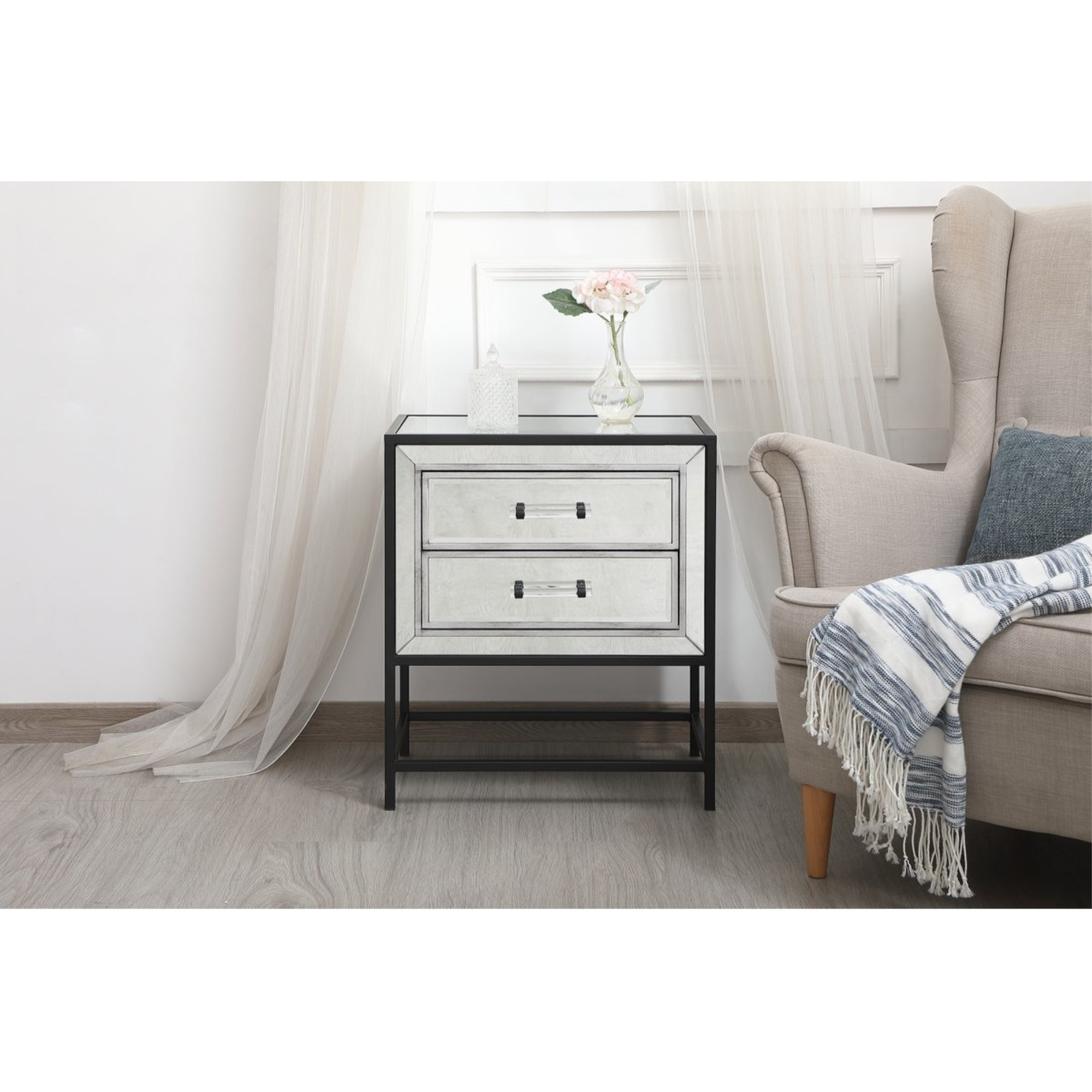 21 inch mirrored two drawers end table in black