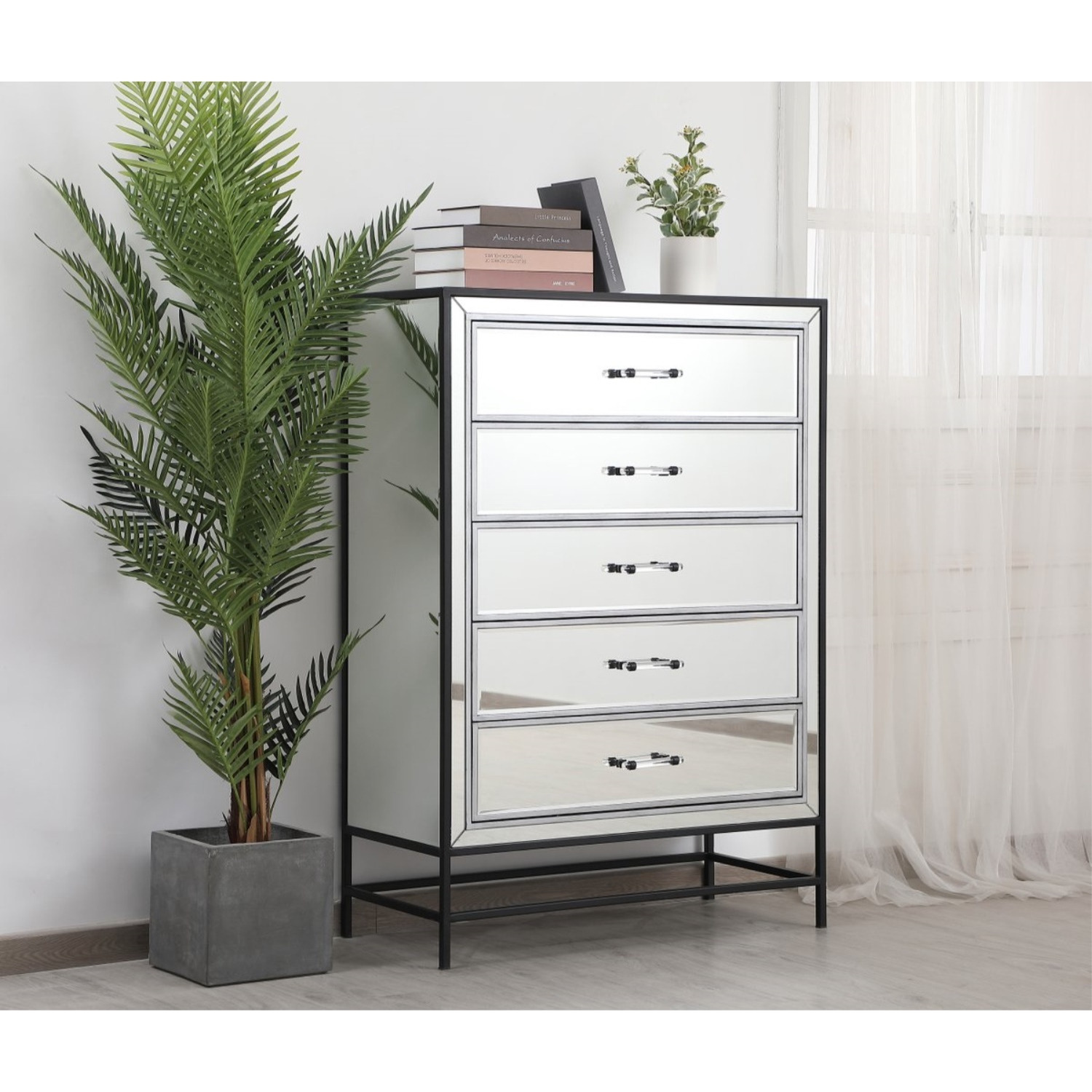48 inch mirrored 6 drawers chest in black
