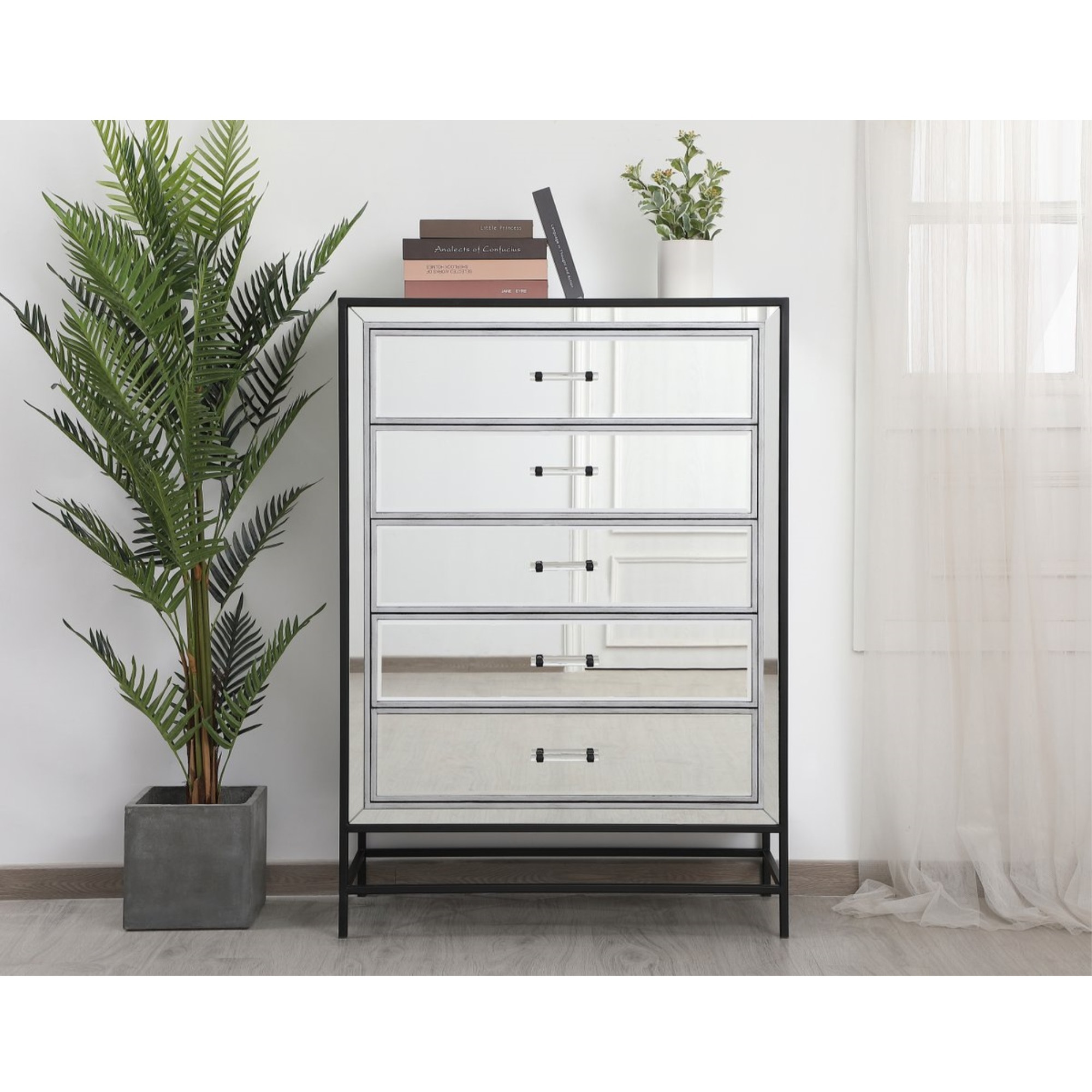 48 inch mirrored 6 drawers chest in black