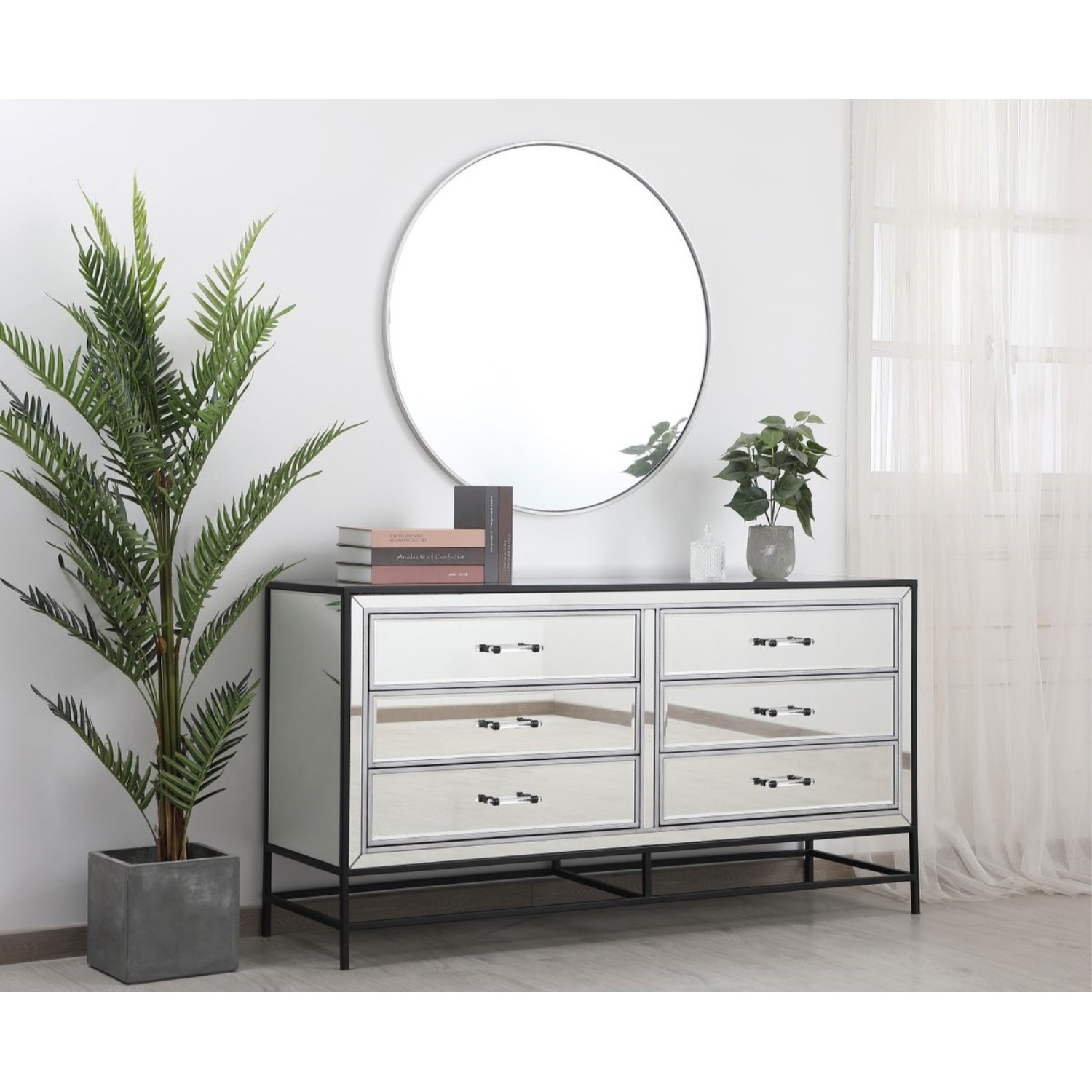 60 inch mirrored 6 drawers chest in black