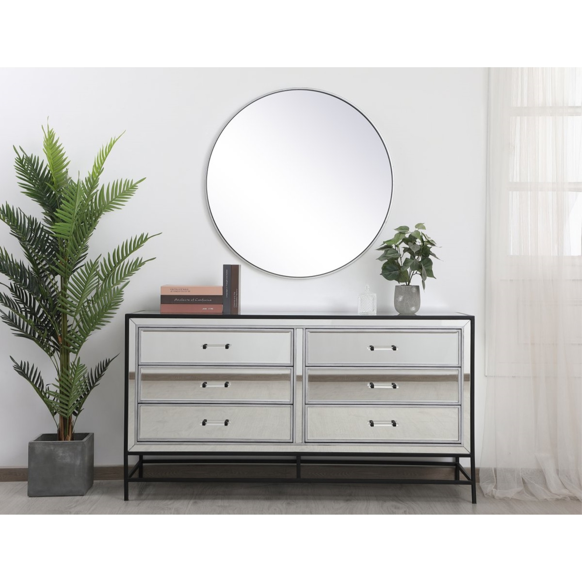 60 inch mirrored 6 drawers chest in black