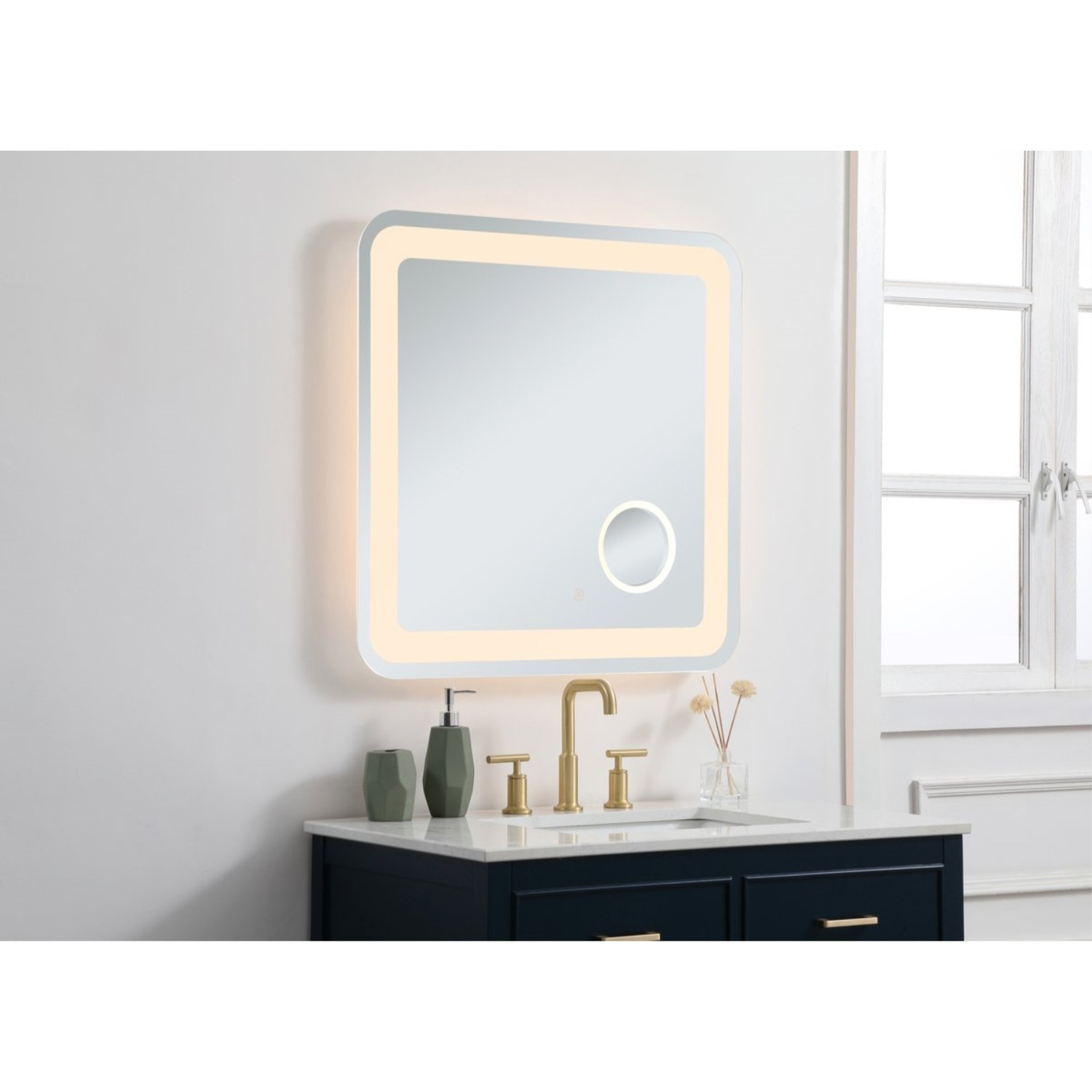 Lux 30in x 30in Hardwired LED mirror with magnifier and color changing temperature 3000K/4200K/6000K