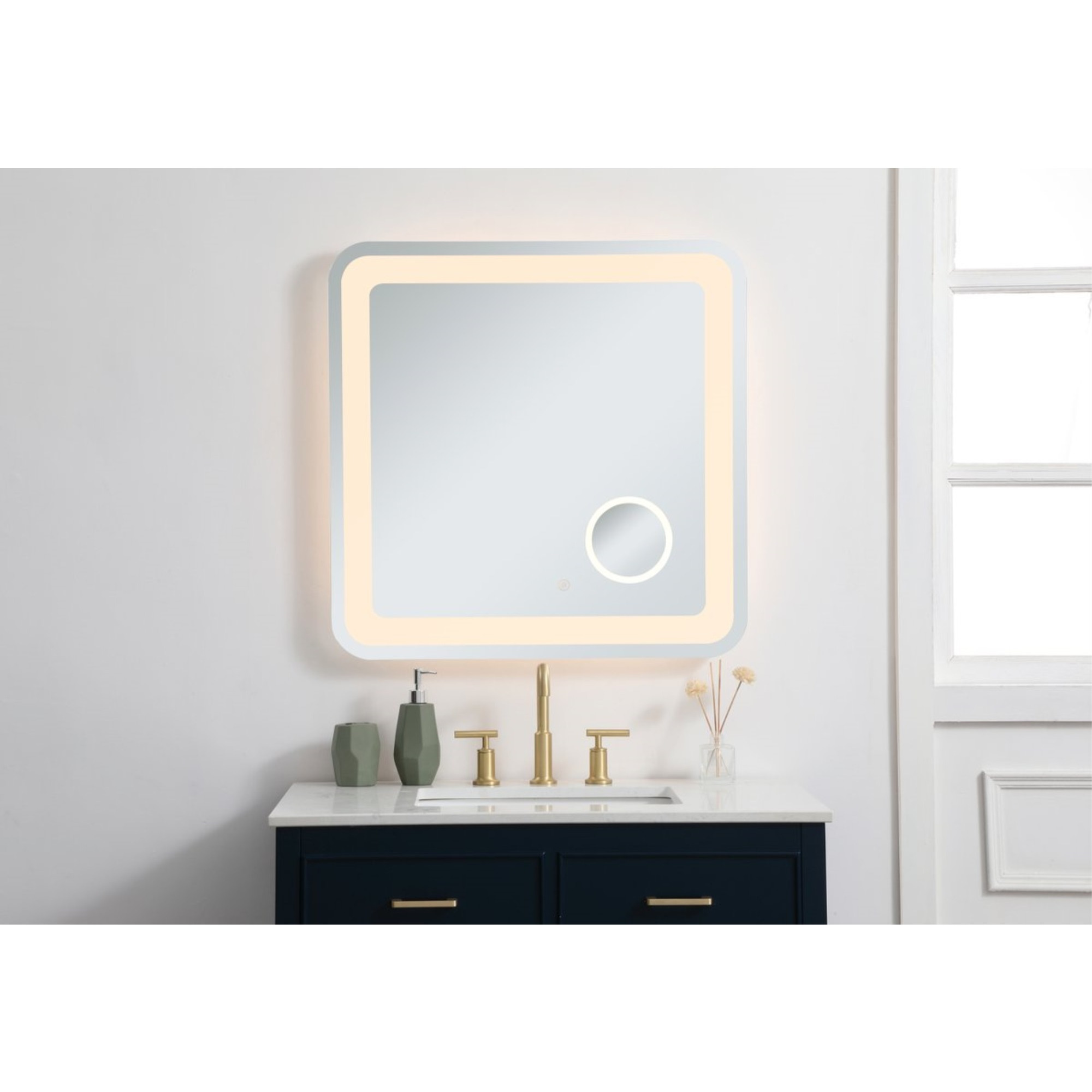 Lux 30in x 30in Hardwired LED mirror with magnifier and color changing temperature 3000K/4200K/6000K