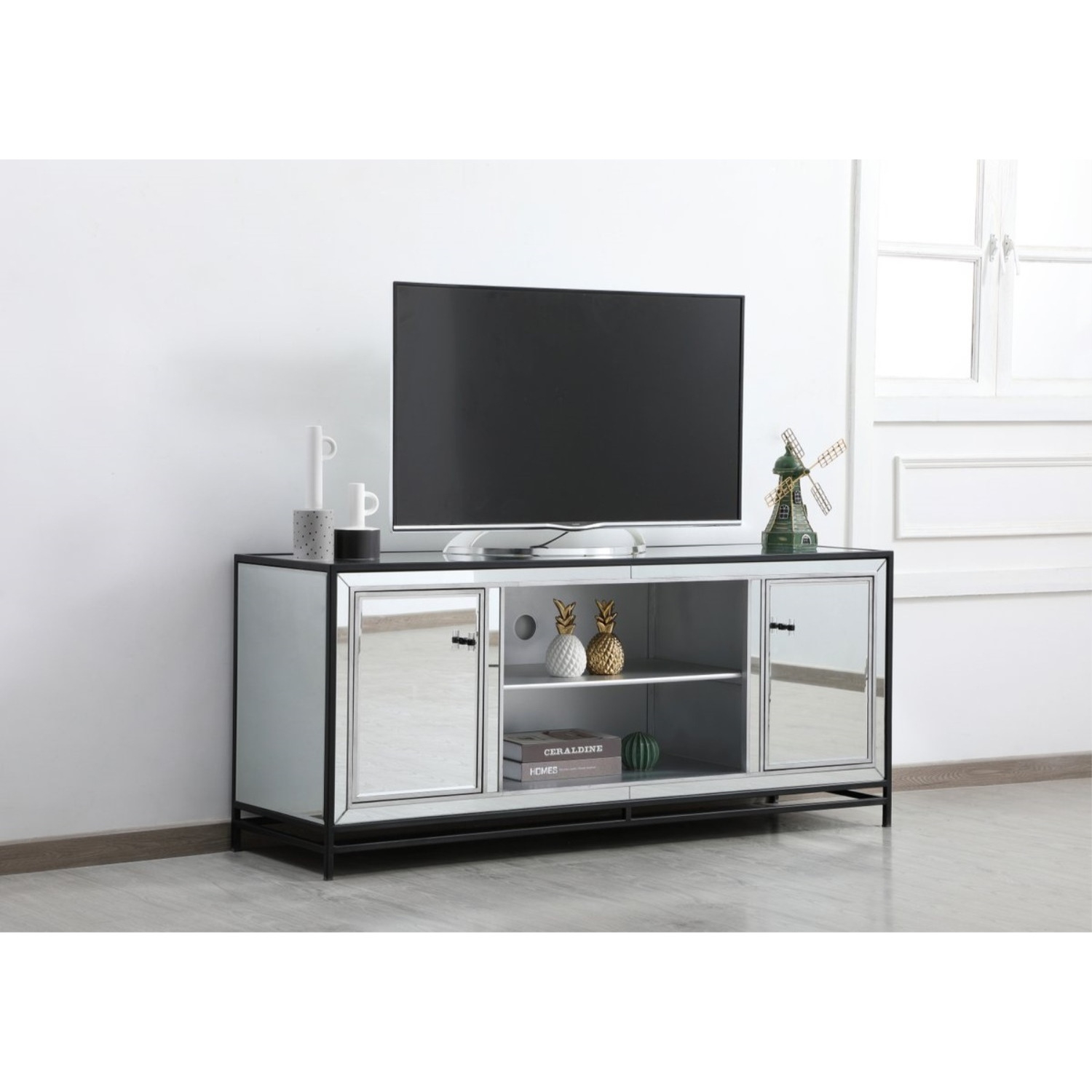 James 60 in. mirrored tv stand in black