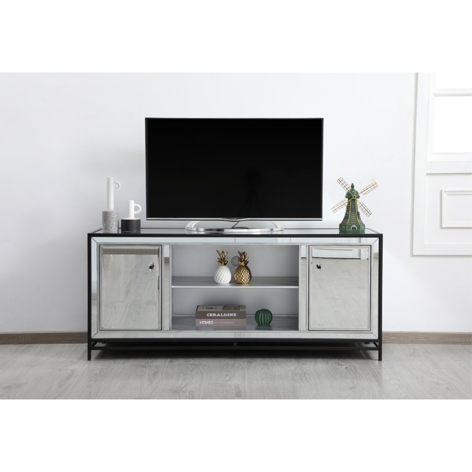 James 60 in. mirrored tv stand in black