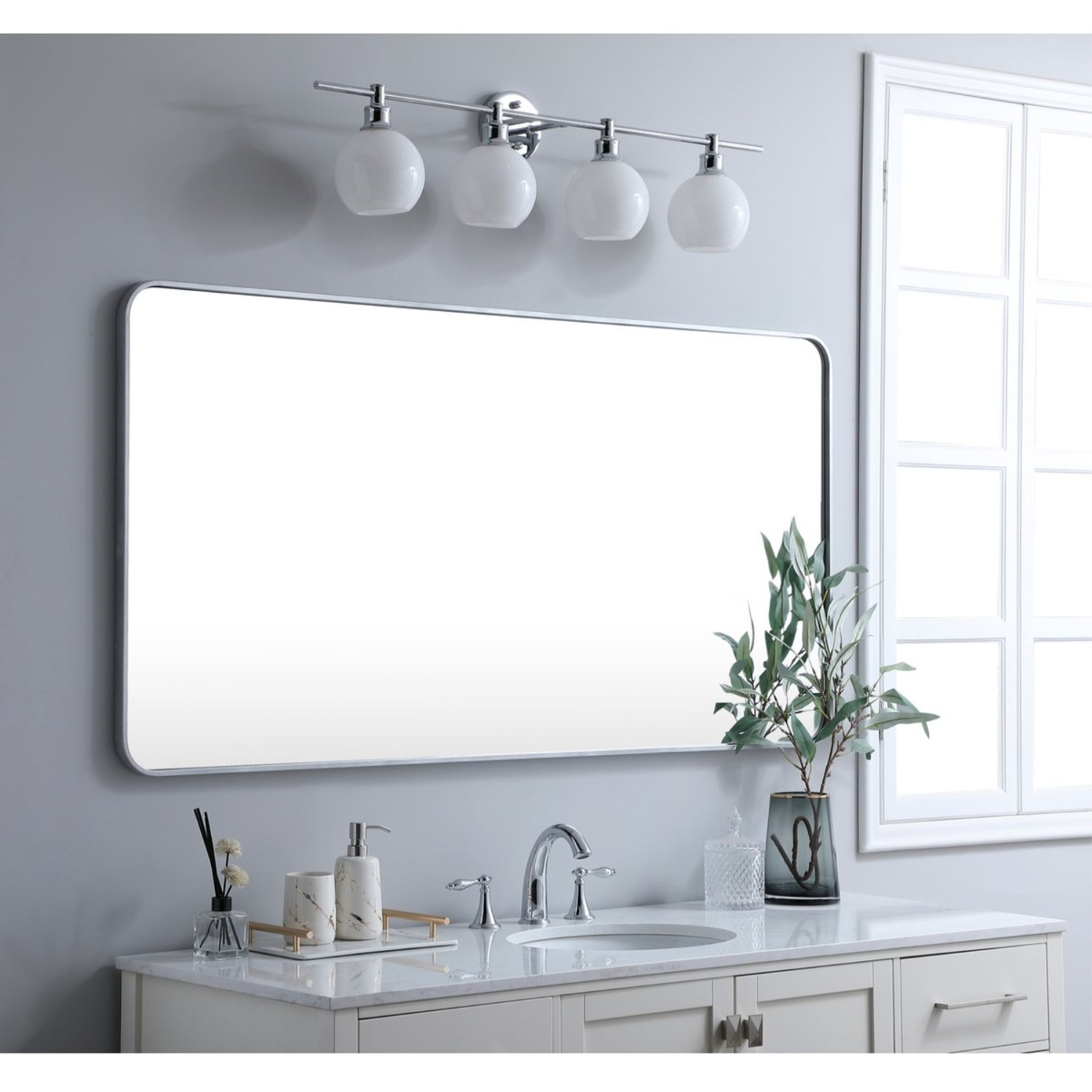 Soft corner metal rectangular mirror 30x60 inch in Silver