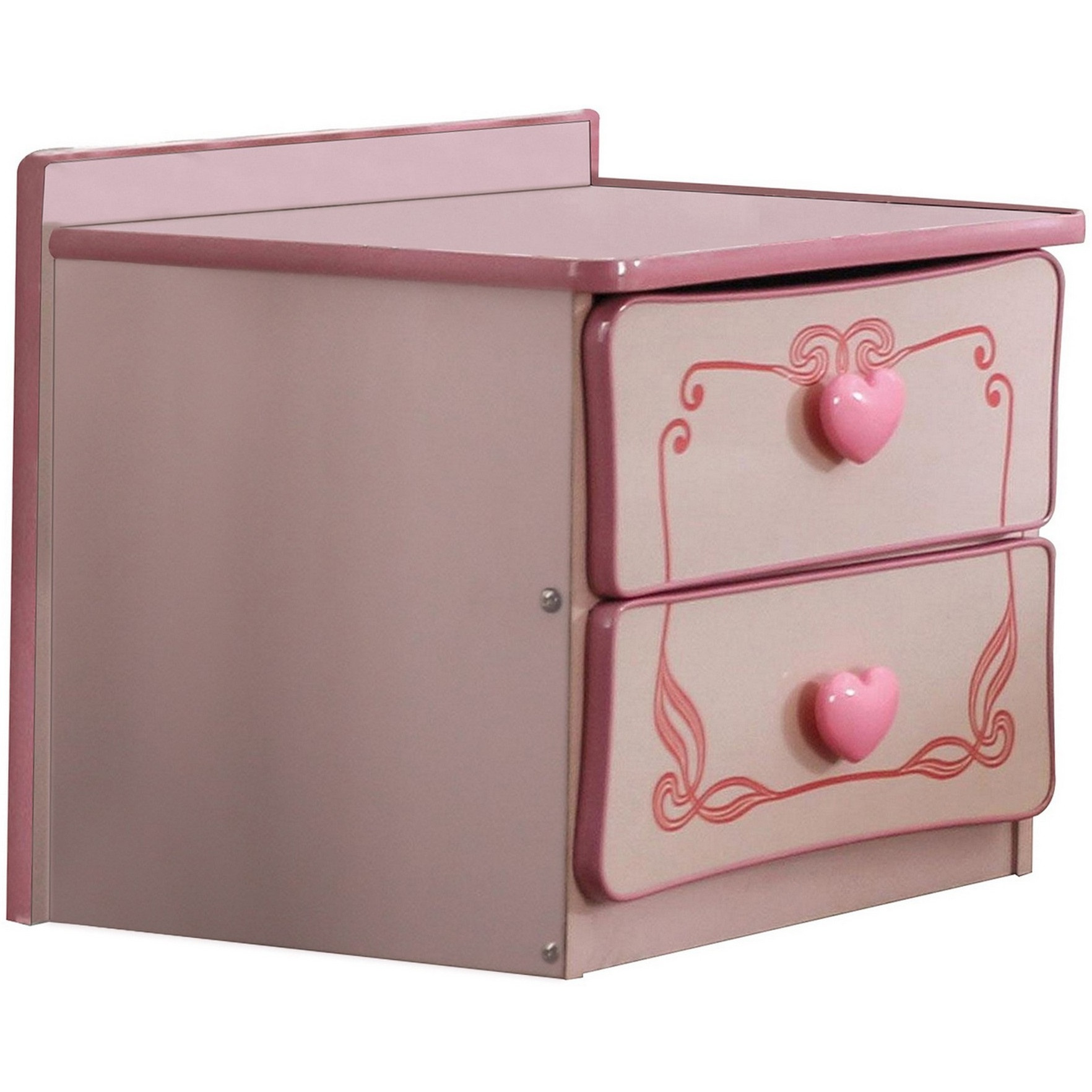 2 Drawer Wooden Nightstand with Heart Knob Pulls, Pink