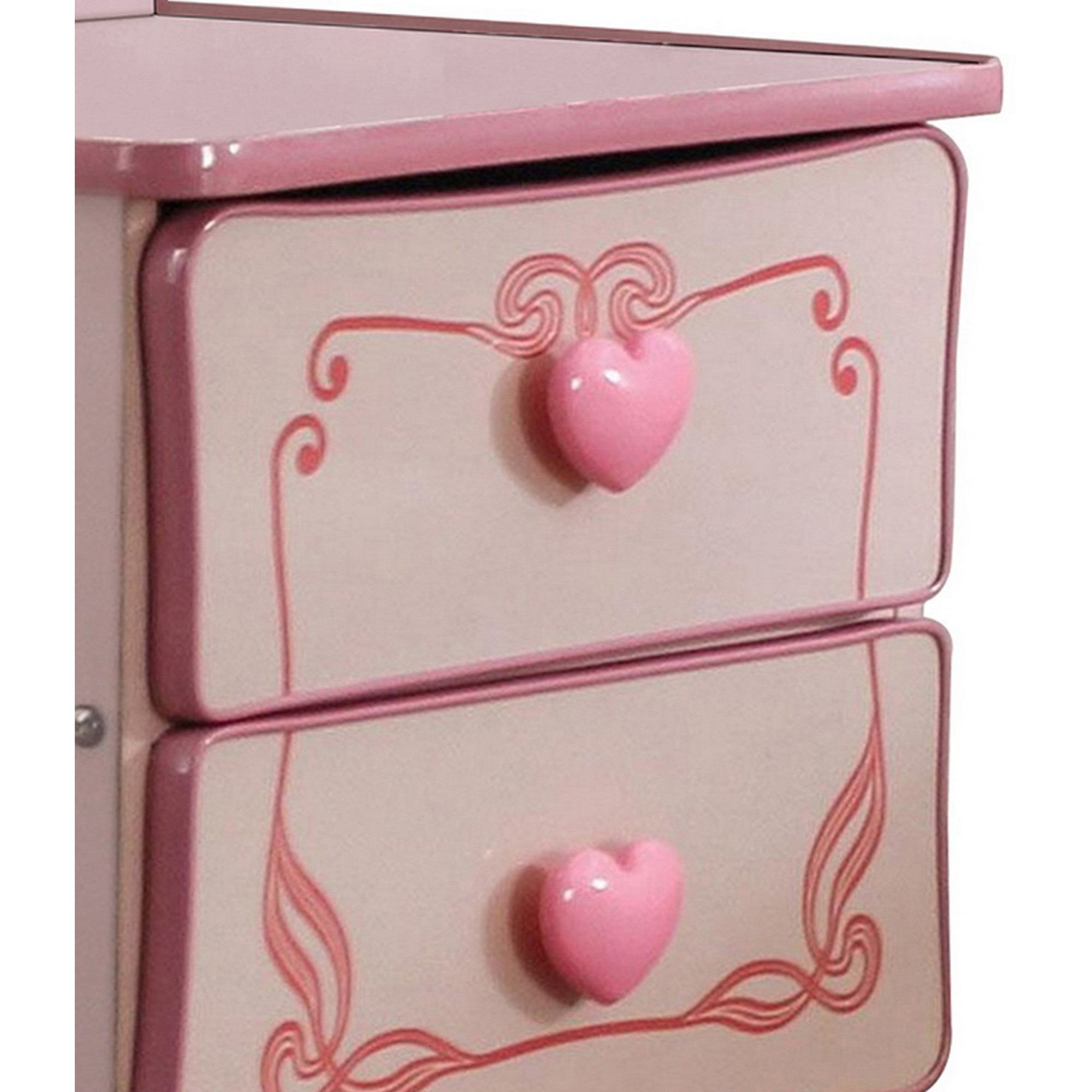 2 Drawer Wooden Nightstand with Heart Knob Pulls, Pink