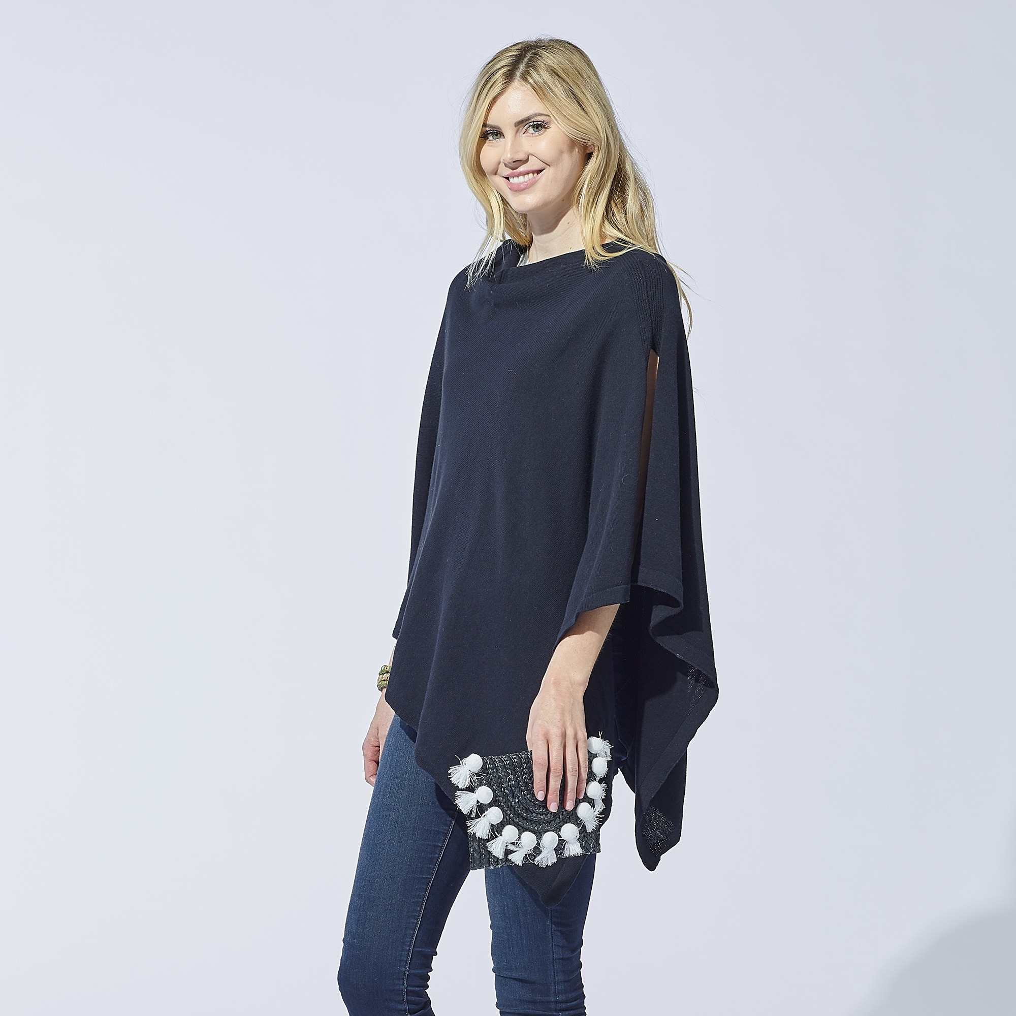 Tickled Pink Solid Cotton Poncho, Black