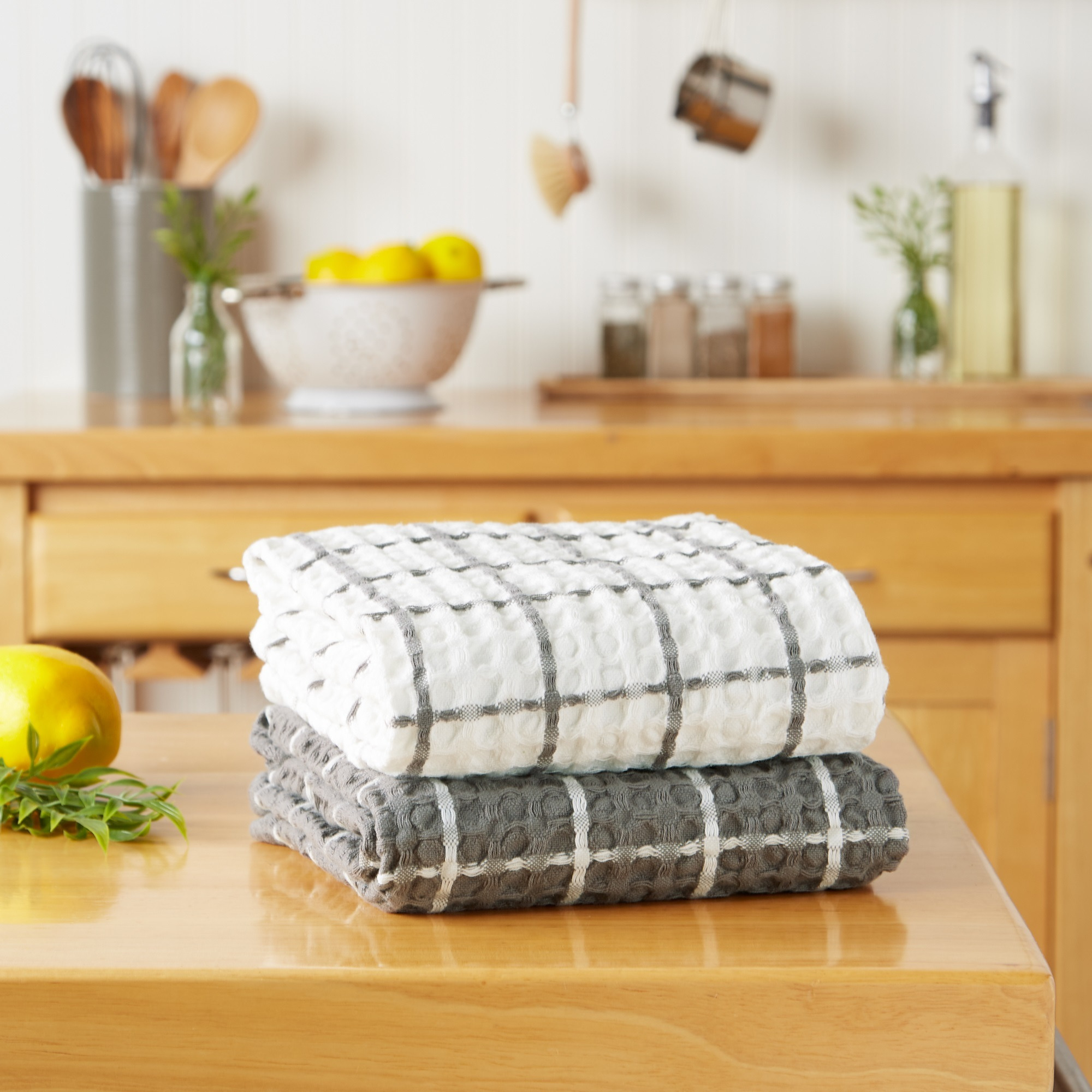 DII Gray Windowpane Oversized Washed Waffle Dishtowel, 2 Piece
